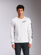 Alpinestars Trackside CSF Tee, t-shirt à manches longues blanc, logo Alpinestars noir sur la poitrine et marquage sur la manche, style streetwear décontracté motorsport, vue de face