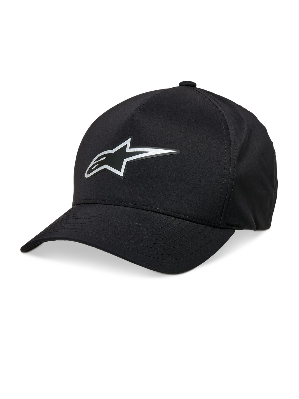 Alpinestars Casquette Ageless Reflex Waterproof, casquette de baseball noire, visière incurvée, logo Astars réfléchissant argenté, couronne structurée, tissu technique imperméable, accessoire motorsport décontracté