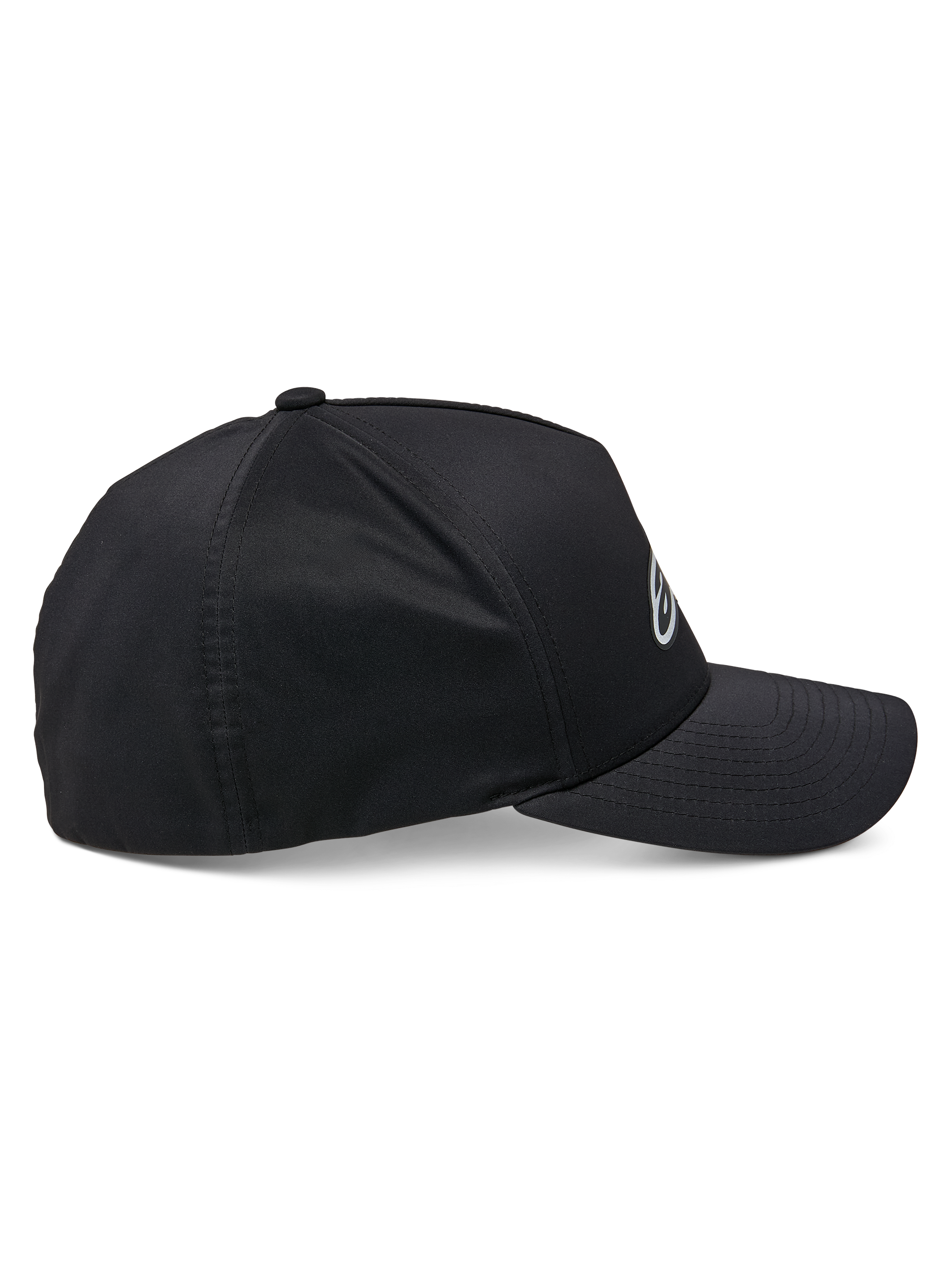 Casquette Alpinestars Ageless Reflex Waterproof, noir, vue de profil, visière incurvée avec couronne structurée, tissu technique imperméable avec détails de logo réfléchissants, couvre-chef de performance décontracté