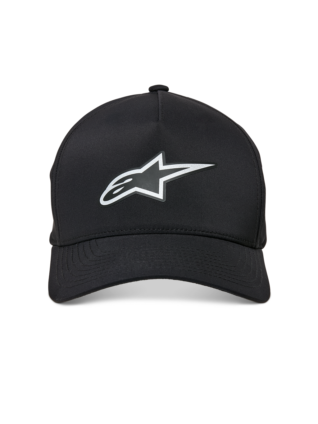 Casquette imperméable Alpinestars Ageless Reflex, casquette de baseball à visière incurvée, noire, avec un logo Astars réfléchissant argenté sur le devant, couronne structurée et tissu technique imperméable, vue de face
