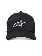 Casquette imperméable Alpinestars Ageless Reflex, casquette de baseball à visière incurvée, noire, avec un logo Astars réfléchissant argenté sur le devant, couronne structurée et tissu technique imperméable, vue de face