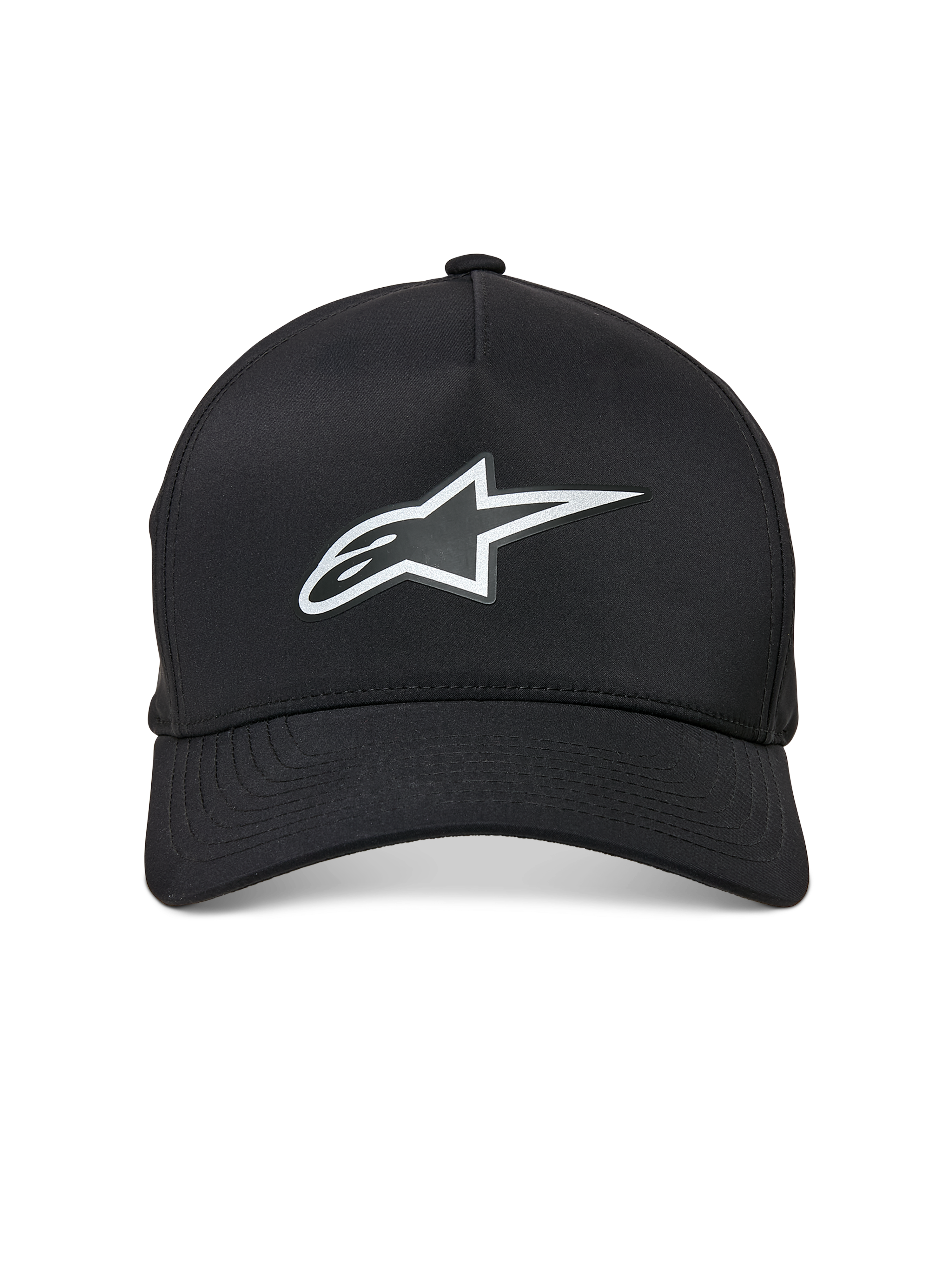 Casquette imperméable Alpinestars Ageless Reflex, casquette de baseball à visière incurvée, noire, avec un logo Astars réfléchissant argenté sur le devant, couronne structurée et tissu technique imperméable, vue de face