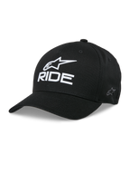 Alpinestars Ride Sonic Hat, Black Baseball Cap, White 3D Embroidered Star Logo and RIDE Text, Curved Bill, Structured Crown, Casual Motorsport Headwear