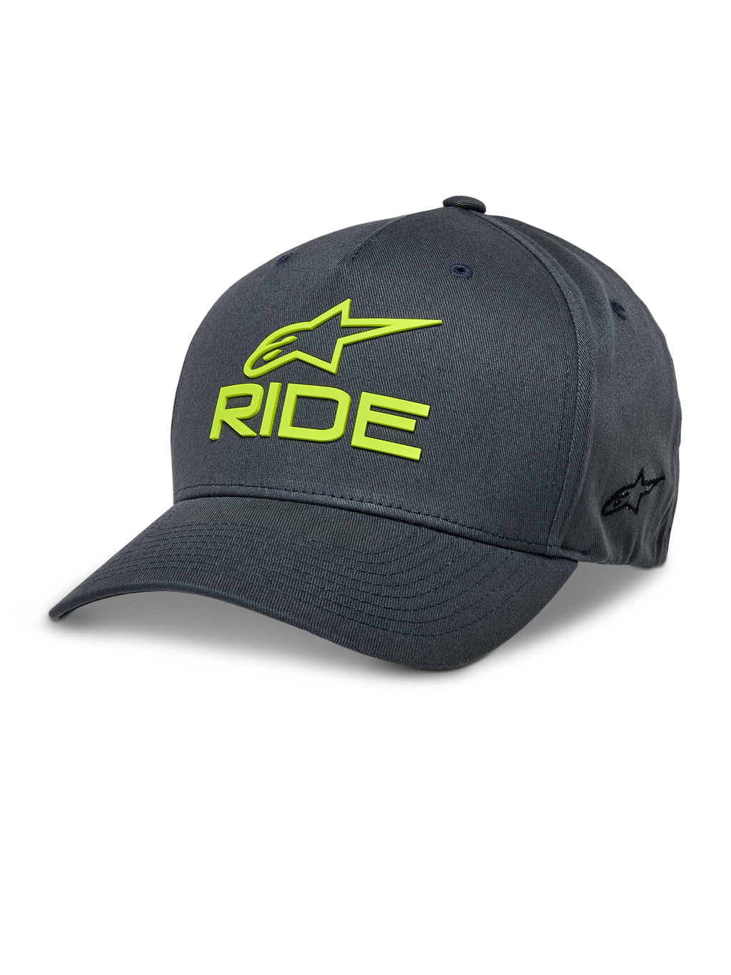 Casquette Alpinestars Ride Sonic, casquette de baseball gris anthracite et jaune haute visibilité, logo étoile et inscription RIDE brodés en 3D, visière incurvée, couronne structurée, sergé extensible, couvre-chef décontracté pour le sport automobile