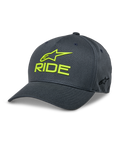 Casquette Alpinestars Ride Sonic, casquette de baseball gris anthracite et jaune haute visibilité, logo étoile et inscription RIDE brodés en 3D, visière incurvée, couronne structurée, sergé extensible, couvre-chef décontracté pour le sport automobile