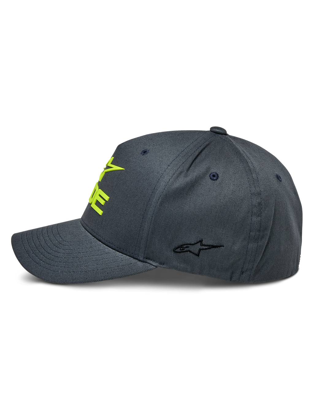 Casquette Alpinestars Ride Sonic, gris anthracite et jaune fluo, vue de profil montrant la visière incurvée et la couronne structurée, logo jaune brodé en 3D sur le devant et petit logo étoile noir sur le panneau latéral, couvre-chef de sport mécanique décontracté