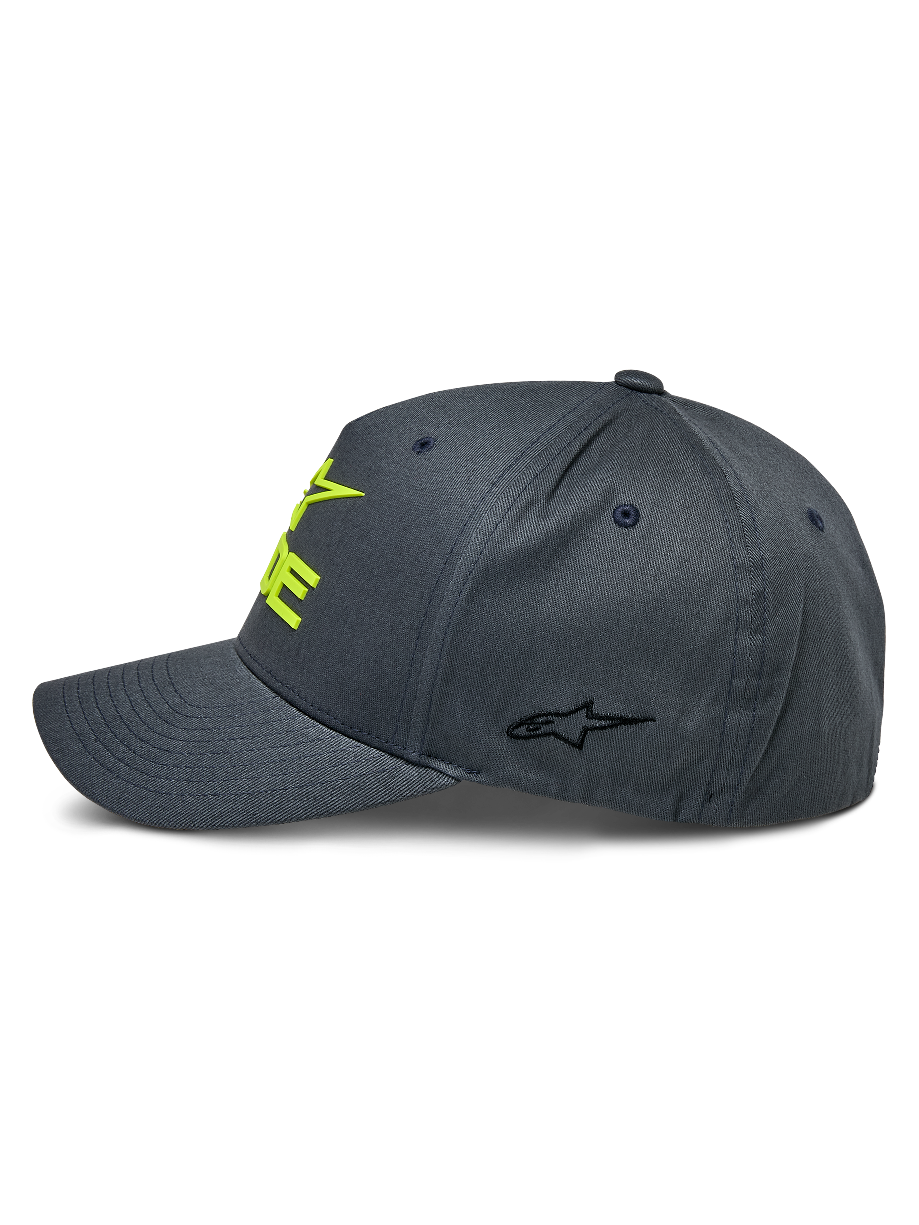 Casquette Alpinestars Ride Sonic, gris anthracite et jaune fluo, vue de profil montrant la visière incurvée et la couronne structurée, logo jaune brodé en 3D sur le devant et petit logo étoile noir sur le panneau latéral, couvre-chef de sport mécanique décontracté
