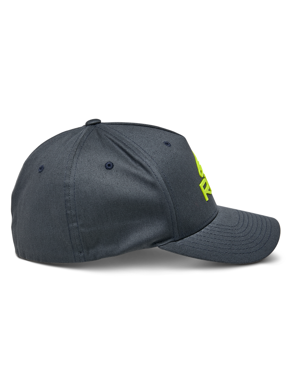 Casquette Alpinestars Ride Sonic, vue de profil, gris anthracite avec logo brodé en 3D jaune fluo, visière incurvée et couronne structurée, couvre-chef décontracté en sergé extensible style motorsport