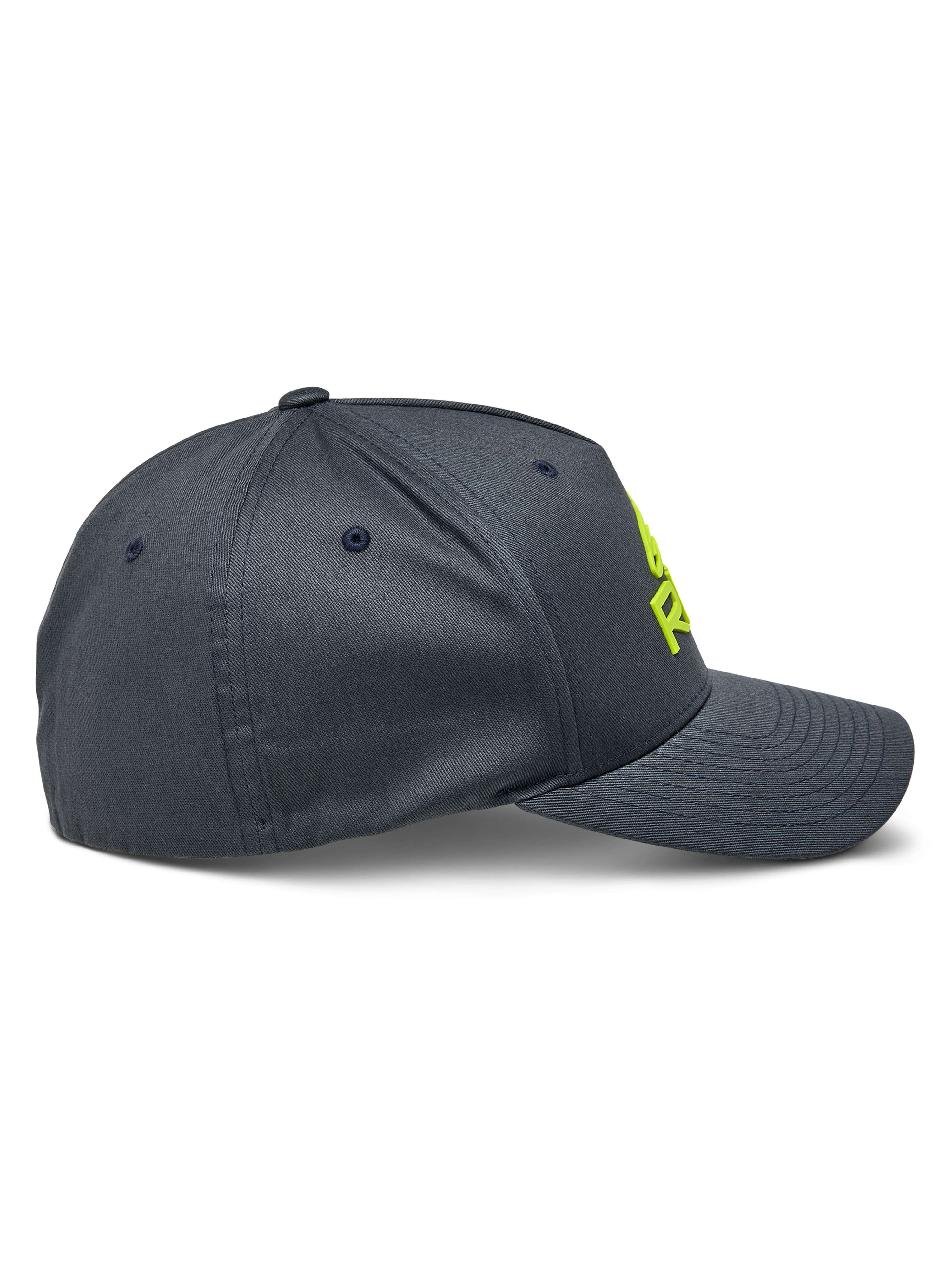 Casquette Alpinestars Ride Sonic, vue de profil, gris anthracite avec logo brodé en 3D jaune fluo, visière incurvée et couronne structurée, couvre-chef décontracté en sergé extensible style motorsport