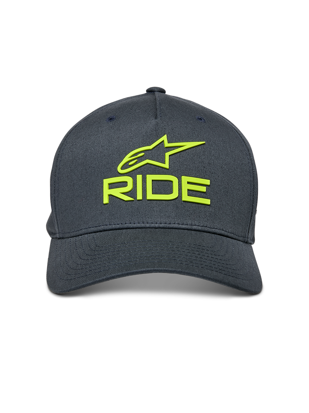 Casquette Alpinestars Ride Sonic, gris anthracite avec jaune fluo, logo Alpinestars et texte RIDE brodés en 3D, visière incurvée, couronne structurée, couvre-chef décontracté inspiré du sport automobile