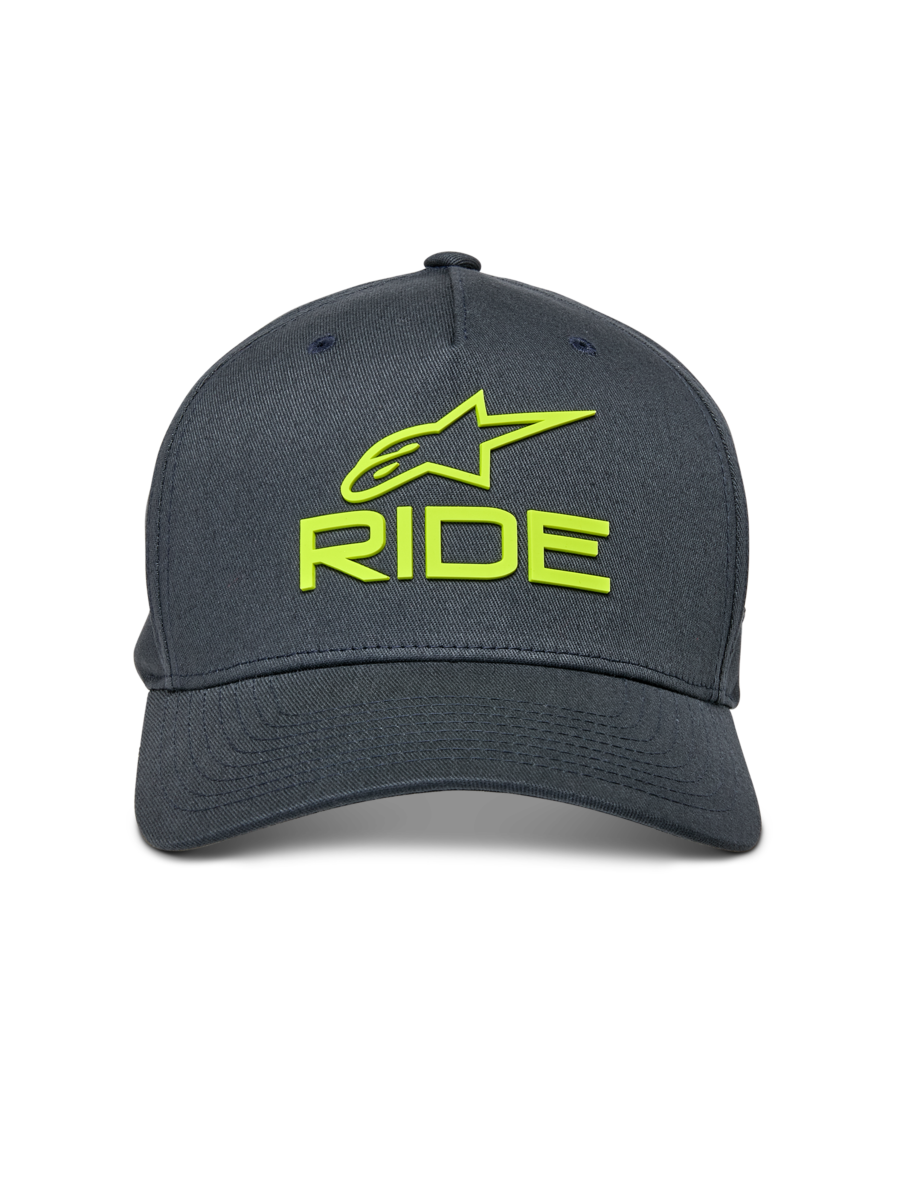 Casquette Alpinestars Ride Sonic, gris anthracite avec jaune fluo, logo Alpinestars et texte RIDE brodés en 3D, visière incurvée, couronne structurée, couvre-chef décontracté inspiré du sport automobile