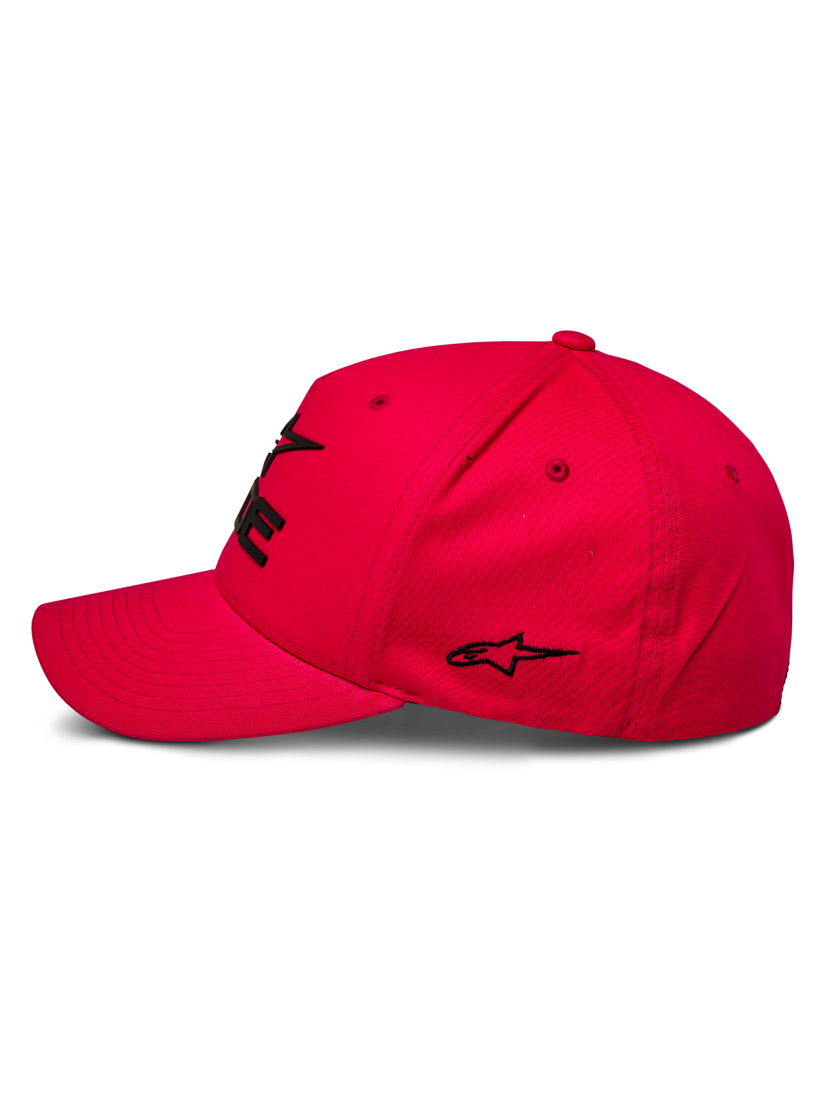 Casquette Alpinestars Ride Sonic, casquette sportswear, rouge, vue de profil avec visière incurvée et couronne structurée, logo brodé en 3D noir et détail d'étoile, design décontracté inspiré du sport automobile