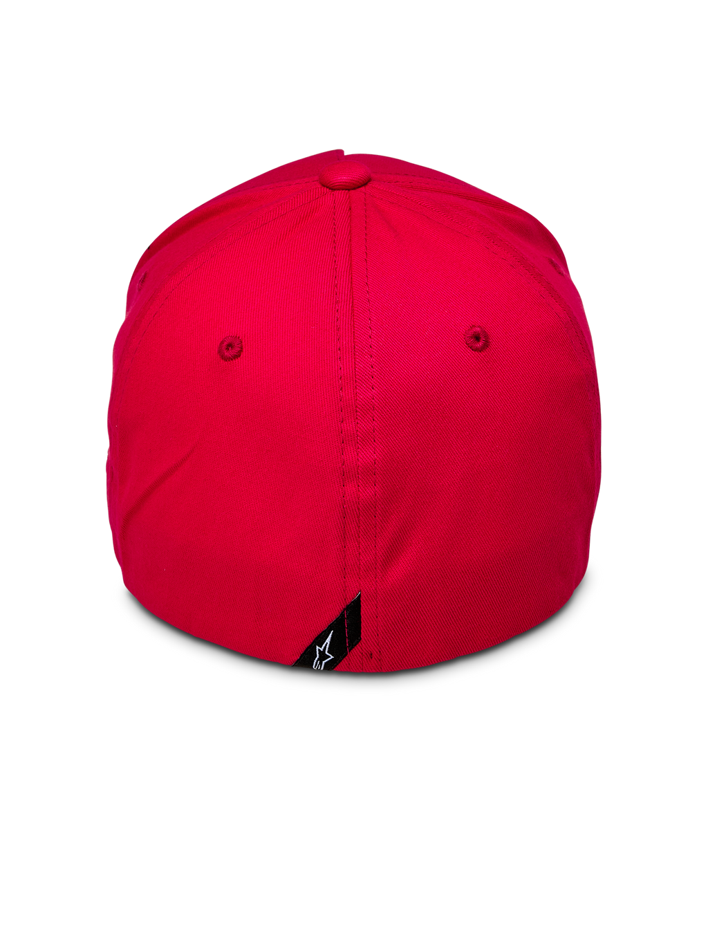 Alpinestars Ride Sonic Hat, vue arrière d'une casquette de baseball rouge, couronne structurée avec conception à dos flexible, petite étiquette noire avec logo étoile Alpinestars blanc à l'arrière, couvre-chef décontracté en sergé extensible rouge