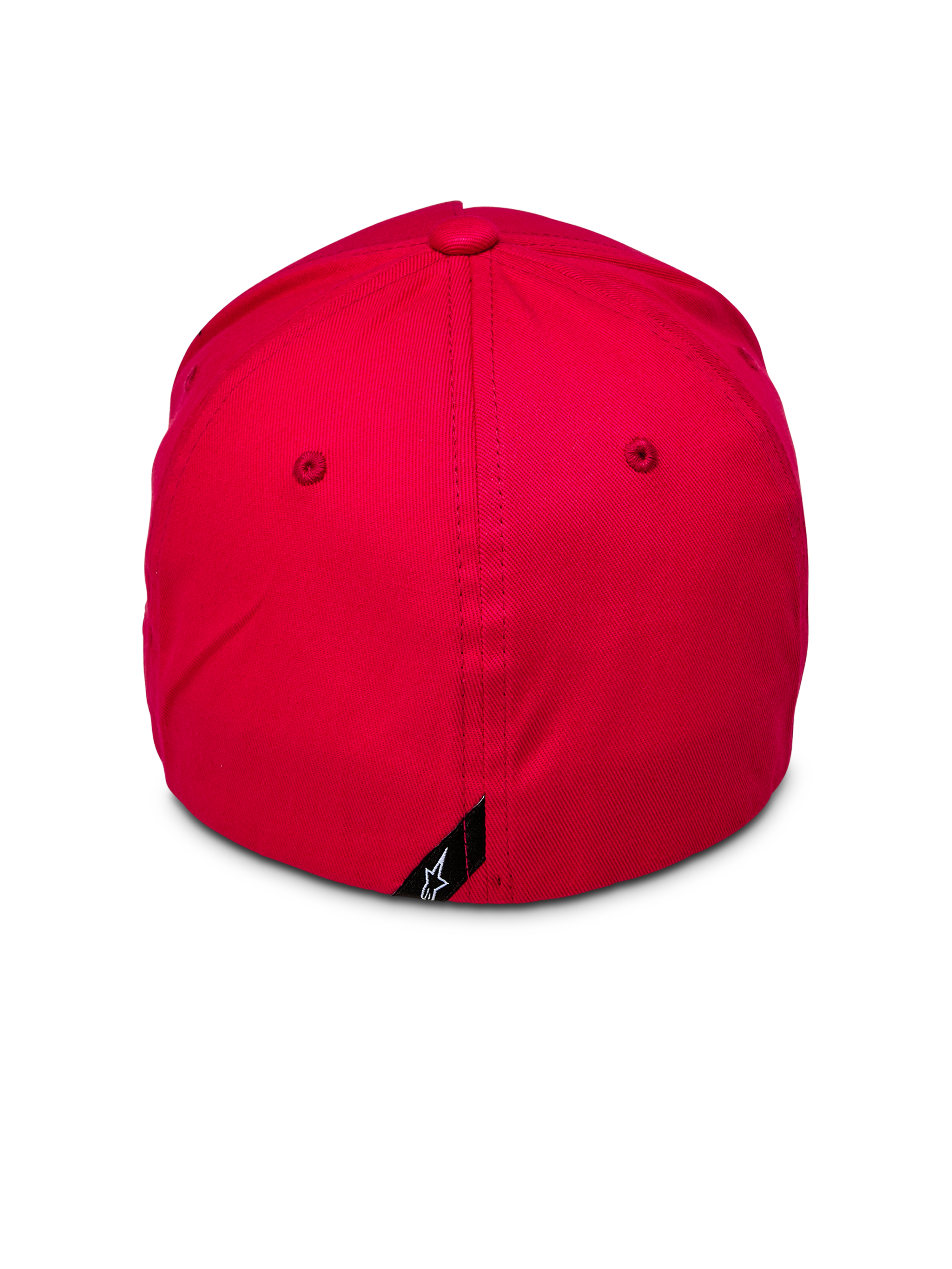 Alpinestars Ride Sonic Hat, vue arrière d'une casquette de baseball rouge, couronne structurée avec conception à dos flexible, petite étiquette noire avec logo étoile Alpinestars blanc à l'arrière, couvre-chef décontracté en sergé extensible rouge