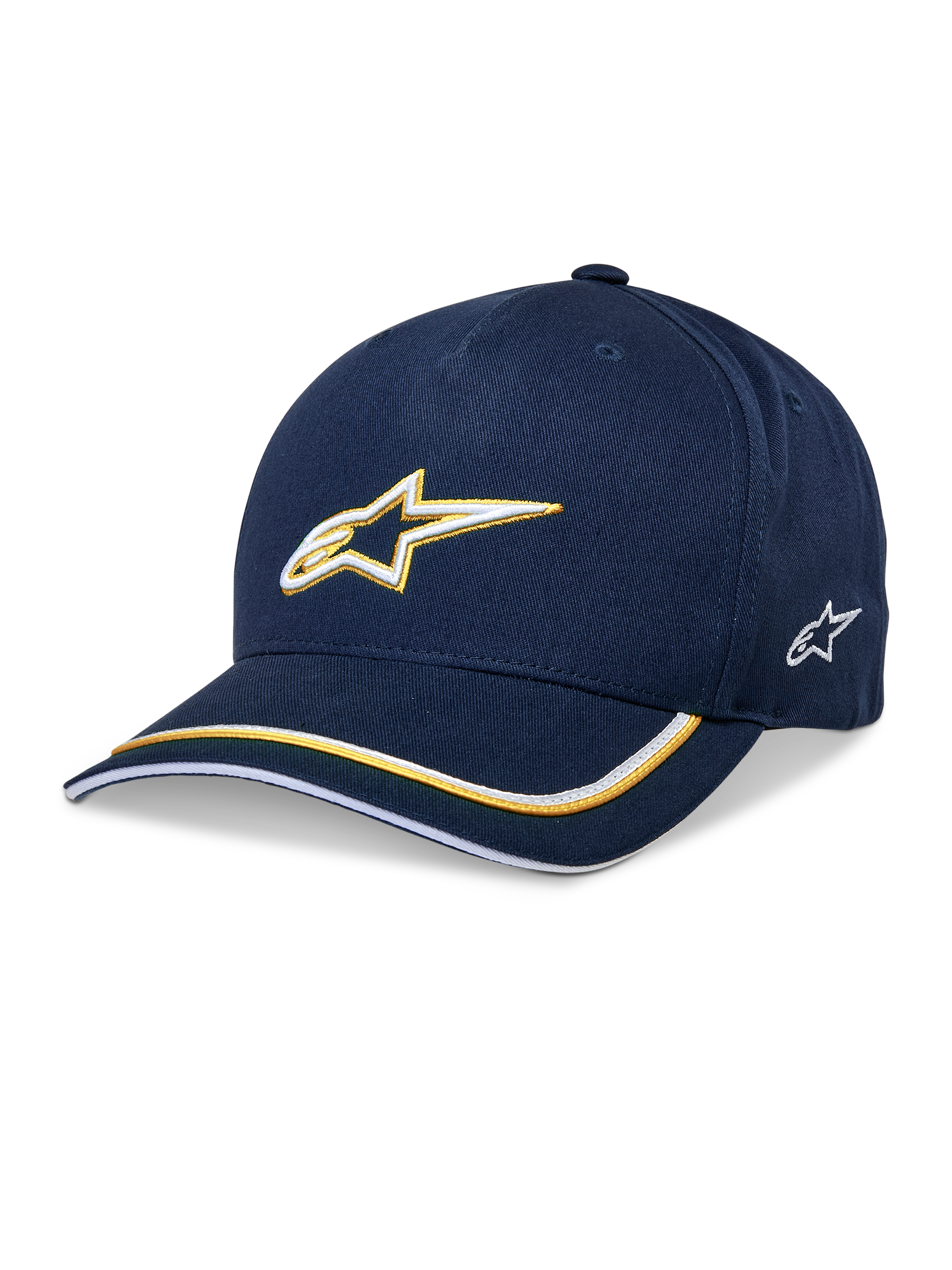 Casquette Snapback Alpinestars Ascension, casquette de baseball, bleu marine et or, logo Astars brodé en 3D, visière courbée avec rayures jaunes et blanches, couvre-chef motorsport décontracté