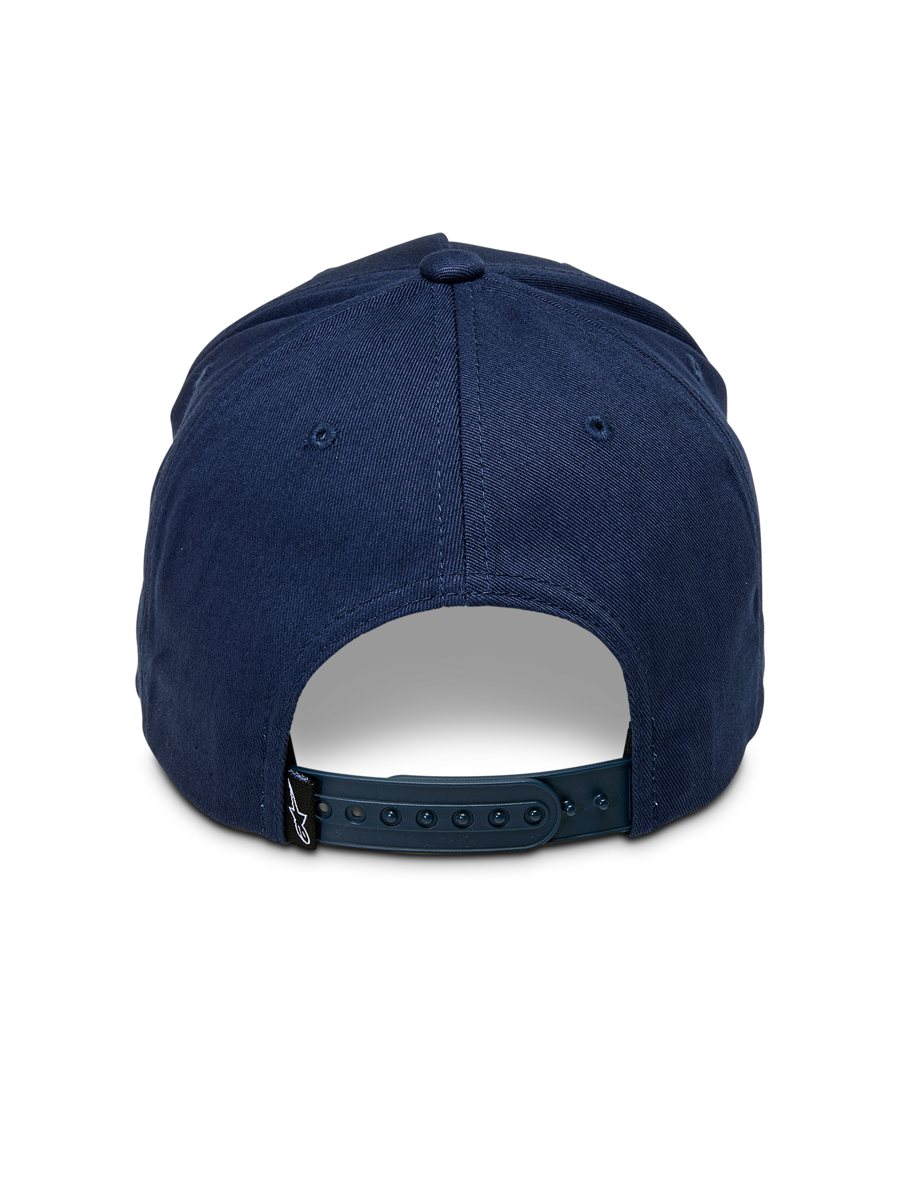 Casquette Snapback Ascension Alpinestars, bleu marine, vue arrière montrant la fermeture à pression réglable et la couronne structurée, petite étiquette noire avec logo Astars, style streetwear décontracté