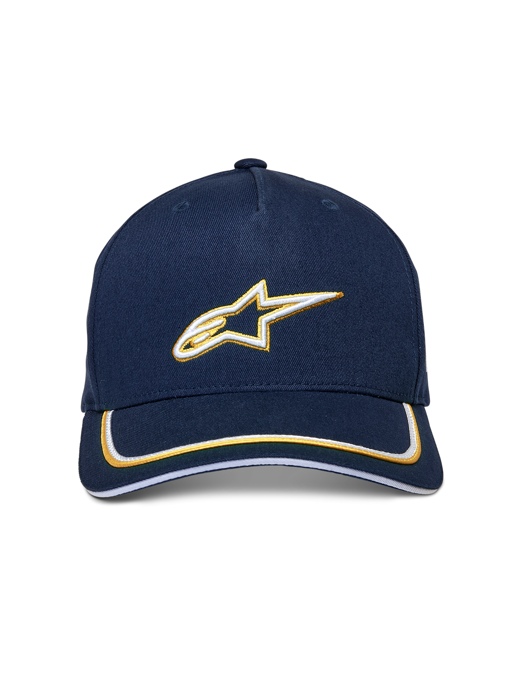 Casquette Snapback Alpinestars Ascension, bleu marine et or, logo Astars brodé en 3D blanc et or, visière courbée avec double liseré sutache, couvre-chef décontracté inspiré du sport automobile