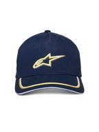 Casquette Snapback Alpinestars Ascension, bleu marine et or, logo Astars brodé en 3D blanc et or, visière courbée avec double liseré sutache, couvre-chef décontracté inspiré du sport automobile