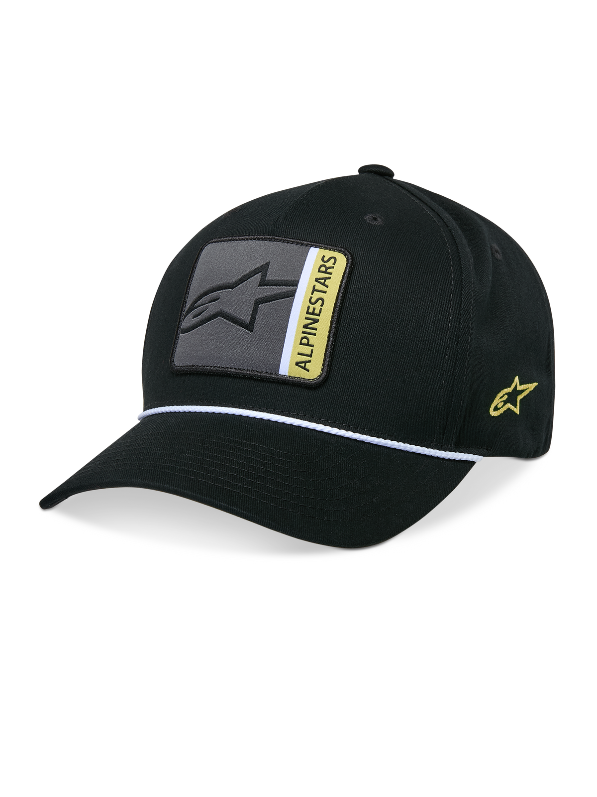Alpinestars Specific Snapback Hat, Black, curved bill with white braided rope trim, grey and yellow front logo patch, side yellow logo embroidery, structured crown, casual motorsport-inspired headwear
