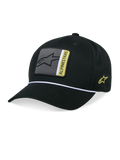 Casquette Snapback Specific Alpinestars, noire, visière courbée avec garniture en corde tressée blanche, écusson logo gris et jaune à l'avant, broderie logo jaune sur le côté, couronne structurée, couvre-chef décontracté inspiré du sport automobile
