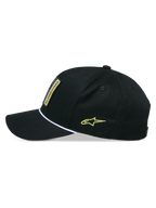 Casquette Snapback Specific Alpinestars, casquette snapback, noire, vue de profil avec visière courbée et garniture en corde tressée blanche, logo Astars jaune brodé sur le côté, couronne structurée, accessoire décontracté