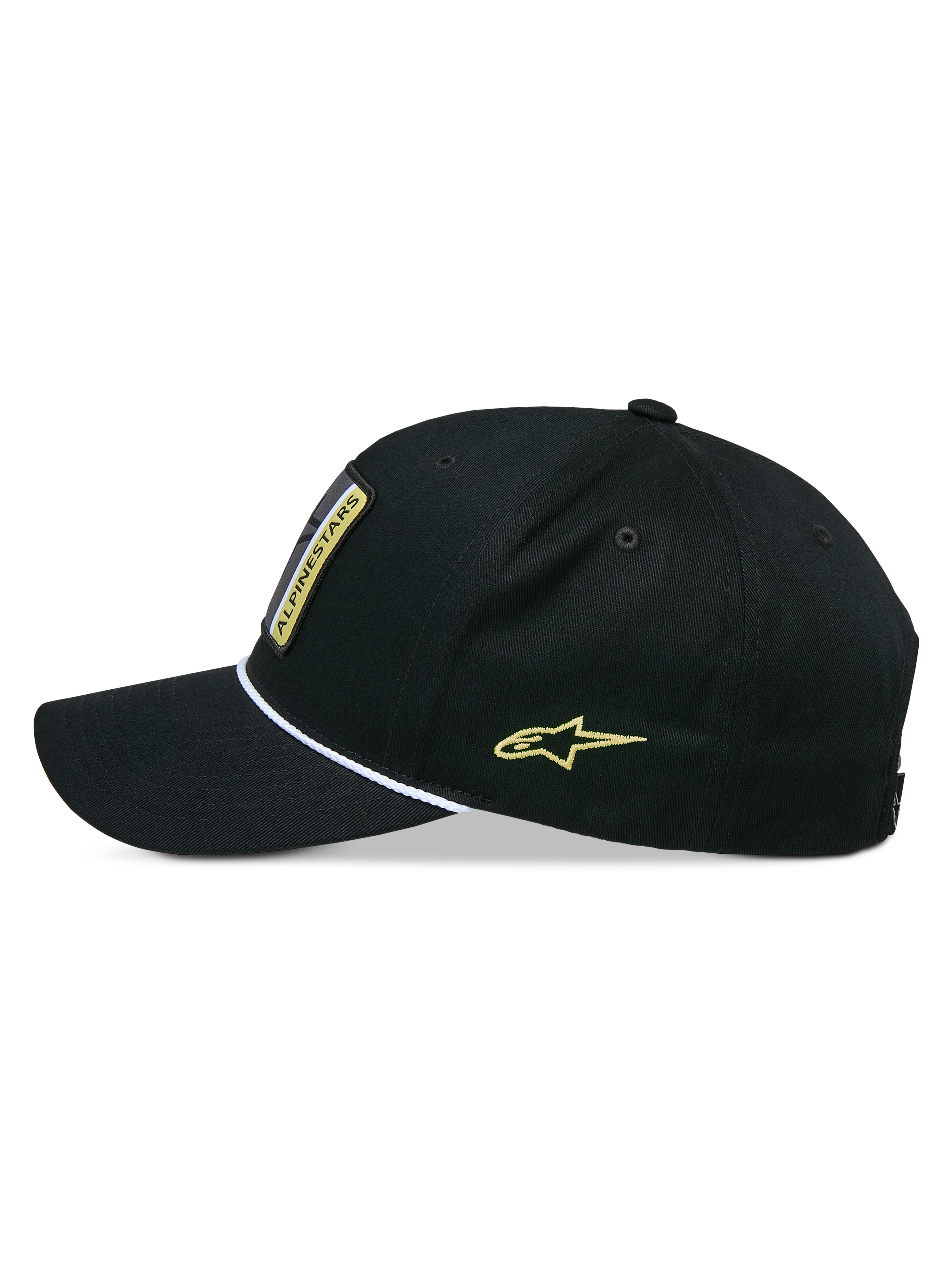 Casquette Snapback Specific Alpinestars, casquette snapback, noire, vue de profil avec visière courbée et garniture en corde tressée blanche, logo Astars jaune brodé sur le côté, couronne structurée, accessoire décontracté
