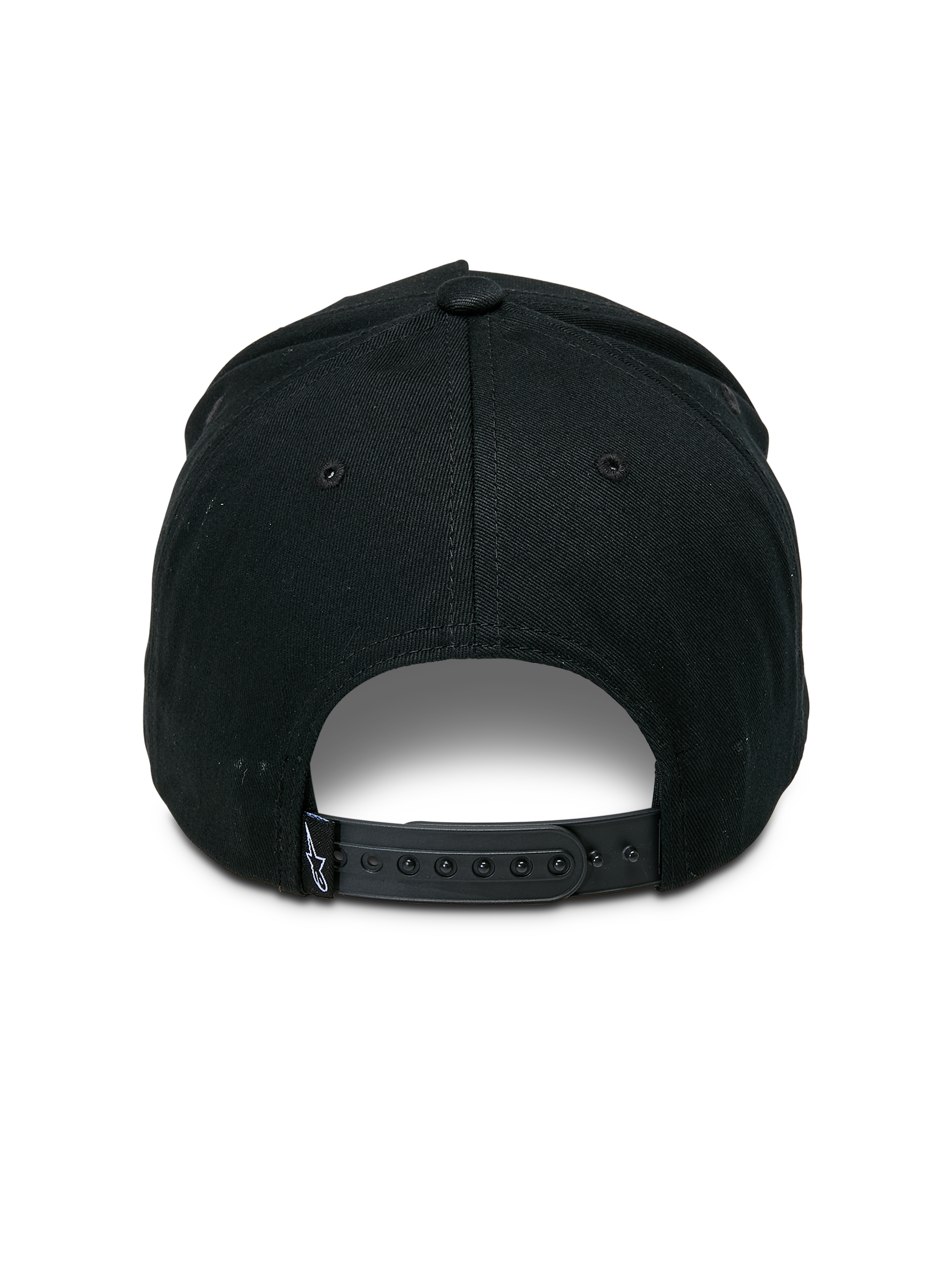 Casquette Snapback Specific Alpinestars, noire, vue arrière présentant une fermeture réglable par pression en plastique et un petit logo Astars blanc sur l'étiquette arrière, couronne structurée, accessoire motorsport décontracté