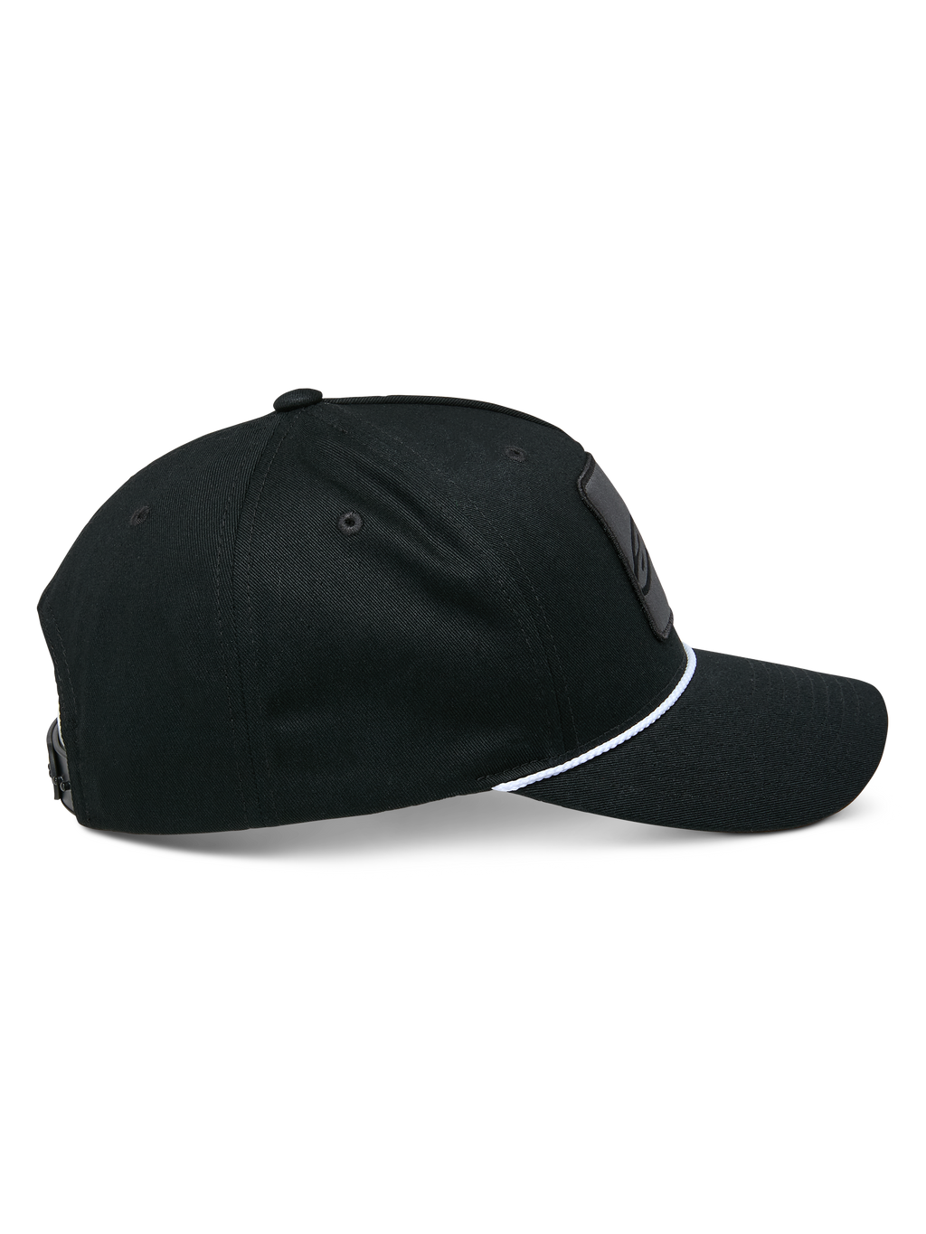 Casquette Snapback Alpinestars Specific, noir, vue de profil montrant une visière courbée avec garniture en corde tressée blanche, couronne structurée, casquette de sport mécanique décontractée