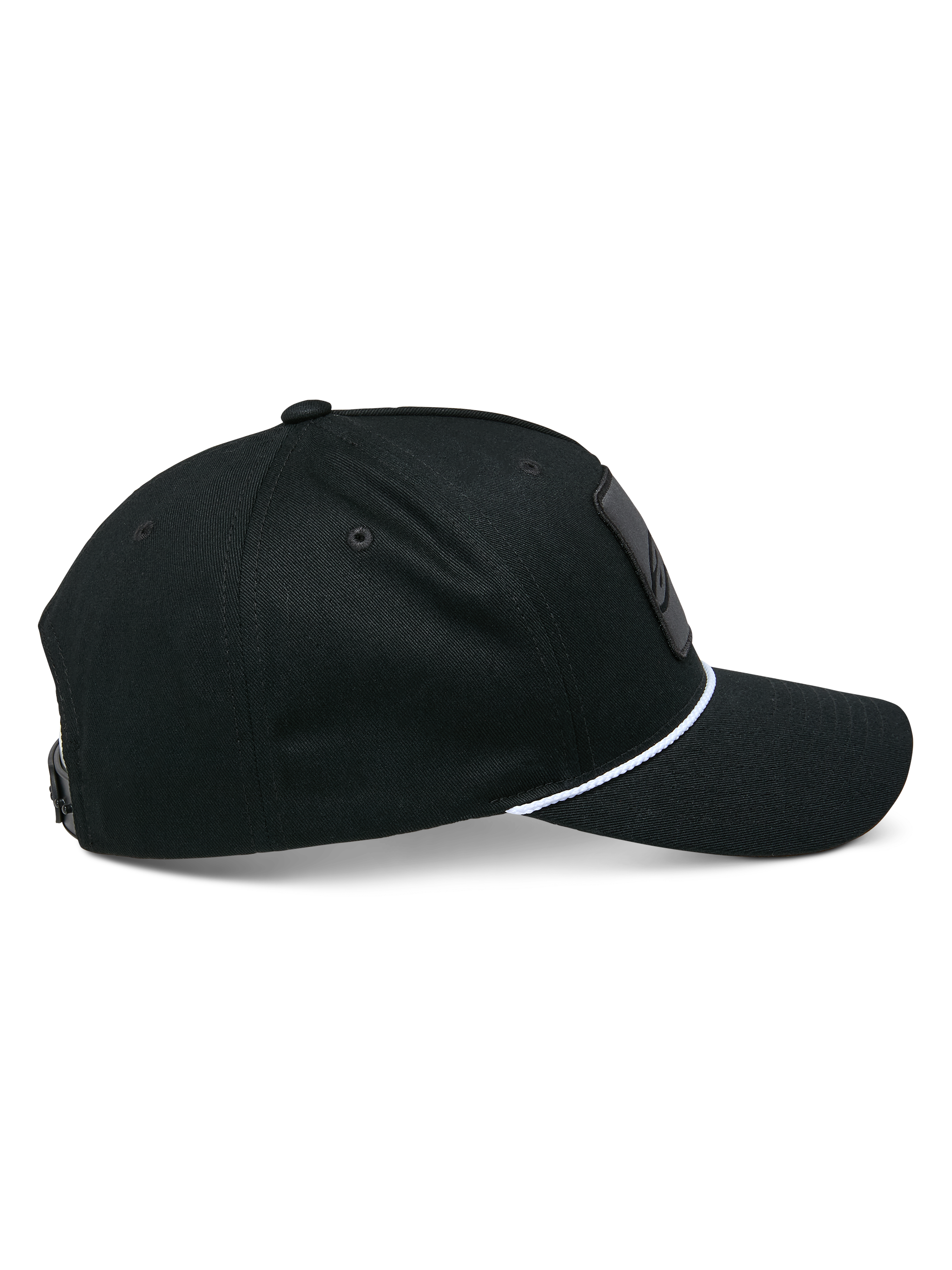 Casquette Snapback Alpinestars Specific, noir, vue de profil montrant une visière courbée avec garniture en corde tressée blanche, couronne structurée, casquette de sport mécanique décontractée