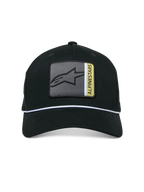 Casquette Snapback Specific Alpinestars, noire, écusson logo Astars multicolore à l'avant avec détails gris et jaunes, garniture en corde tressée blanche, visière courbée, couronne structurée, streetwear décontracté