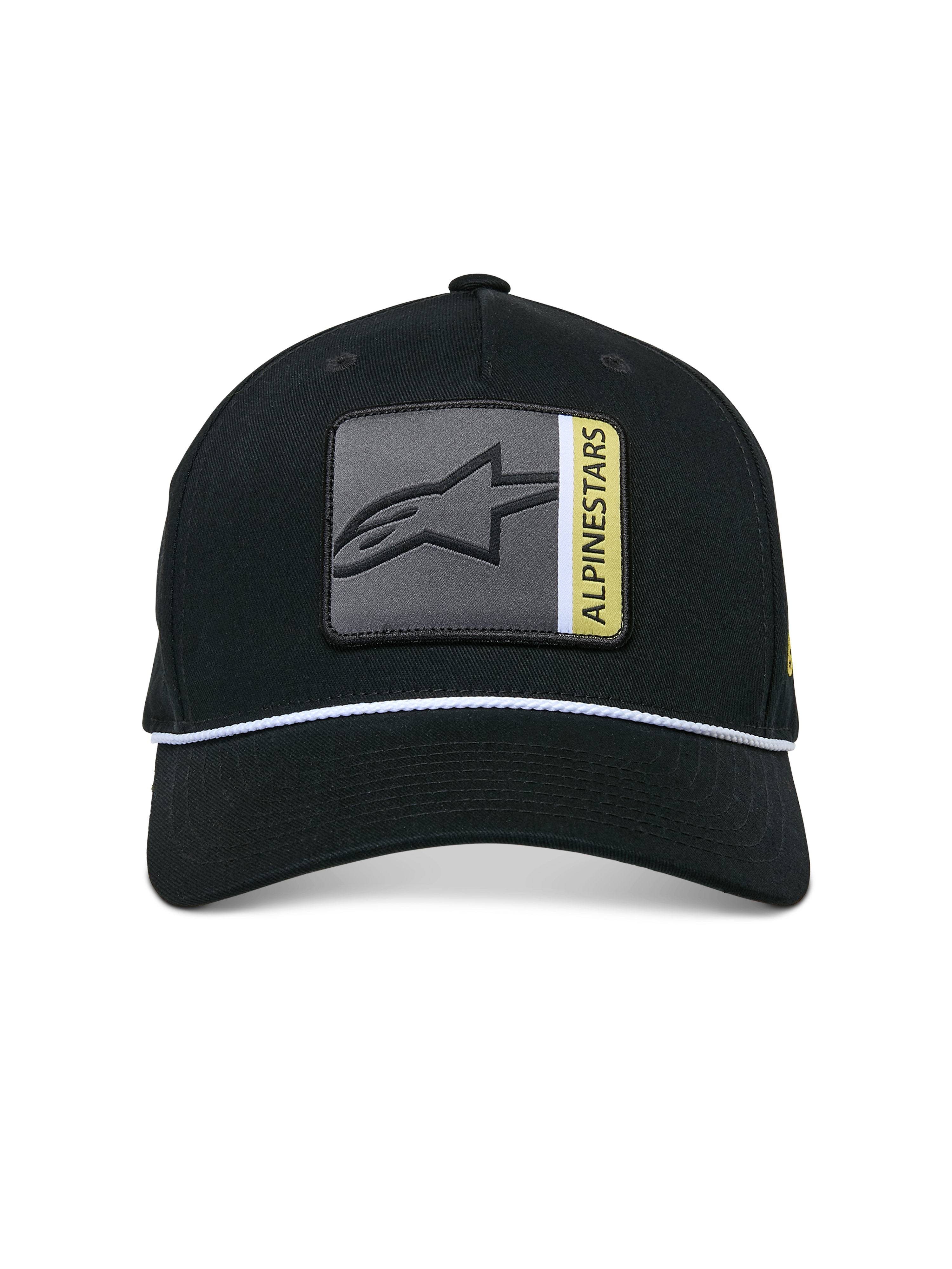 Casquette Snapback Specific Alpinestars, noire, écusson logo Astars multicolore à l'avant avec détails gris et jaunes, garniture en corde tressée blanche, visière courbée, couronne structurée, streetwear décontracté