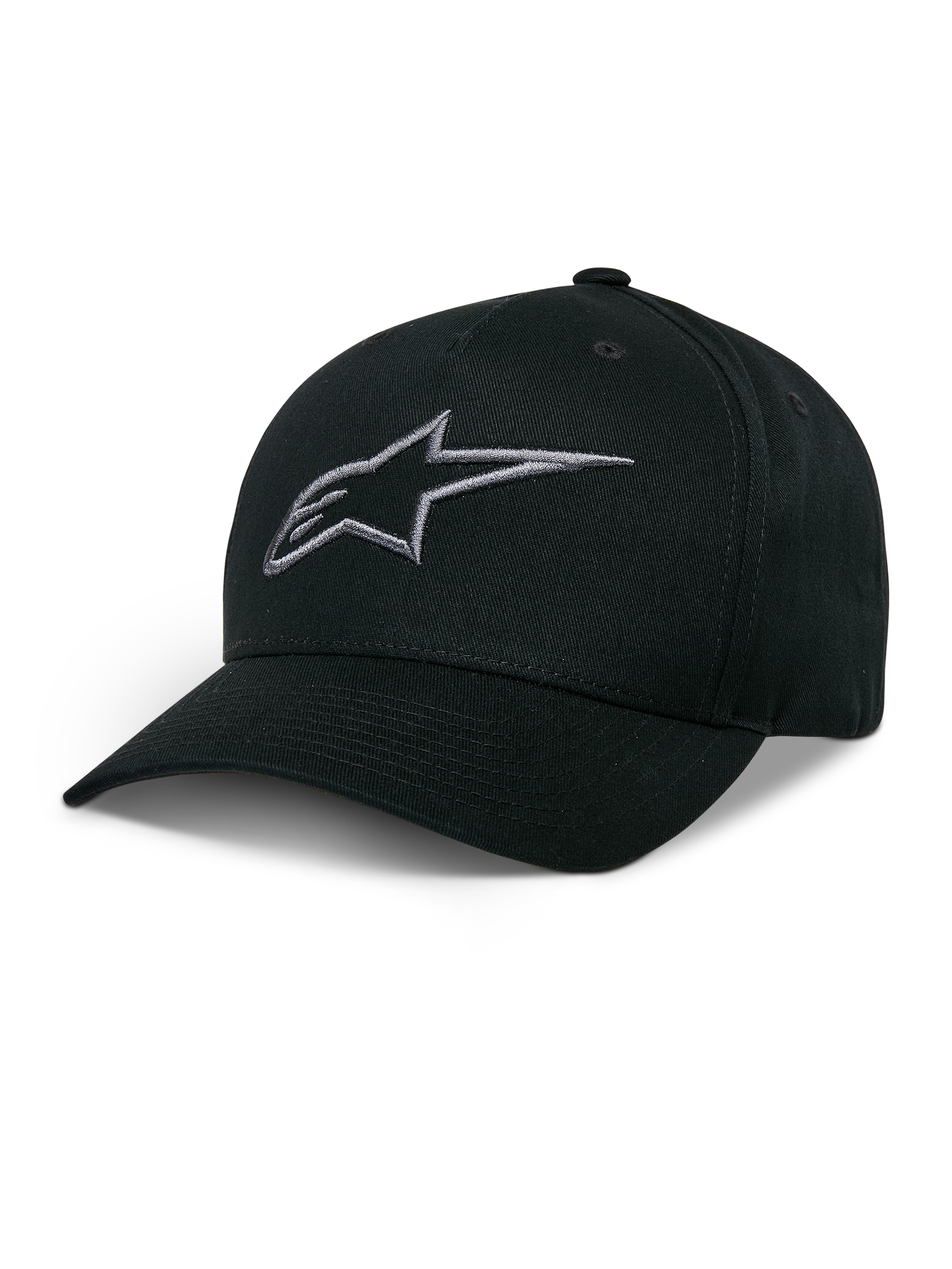 Casquette Snapback Alpinestars Ageless, casquette de baseball noire avec logo étoile brodé anthracite, visière courbée, couronne structurée, couvre-chef de sport automobile décontracté