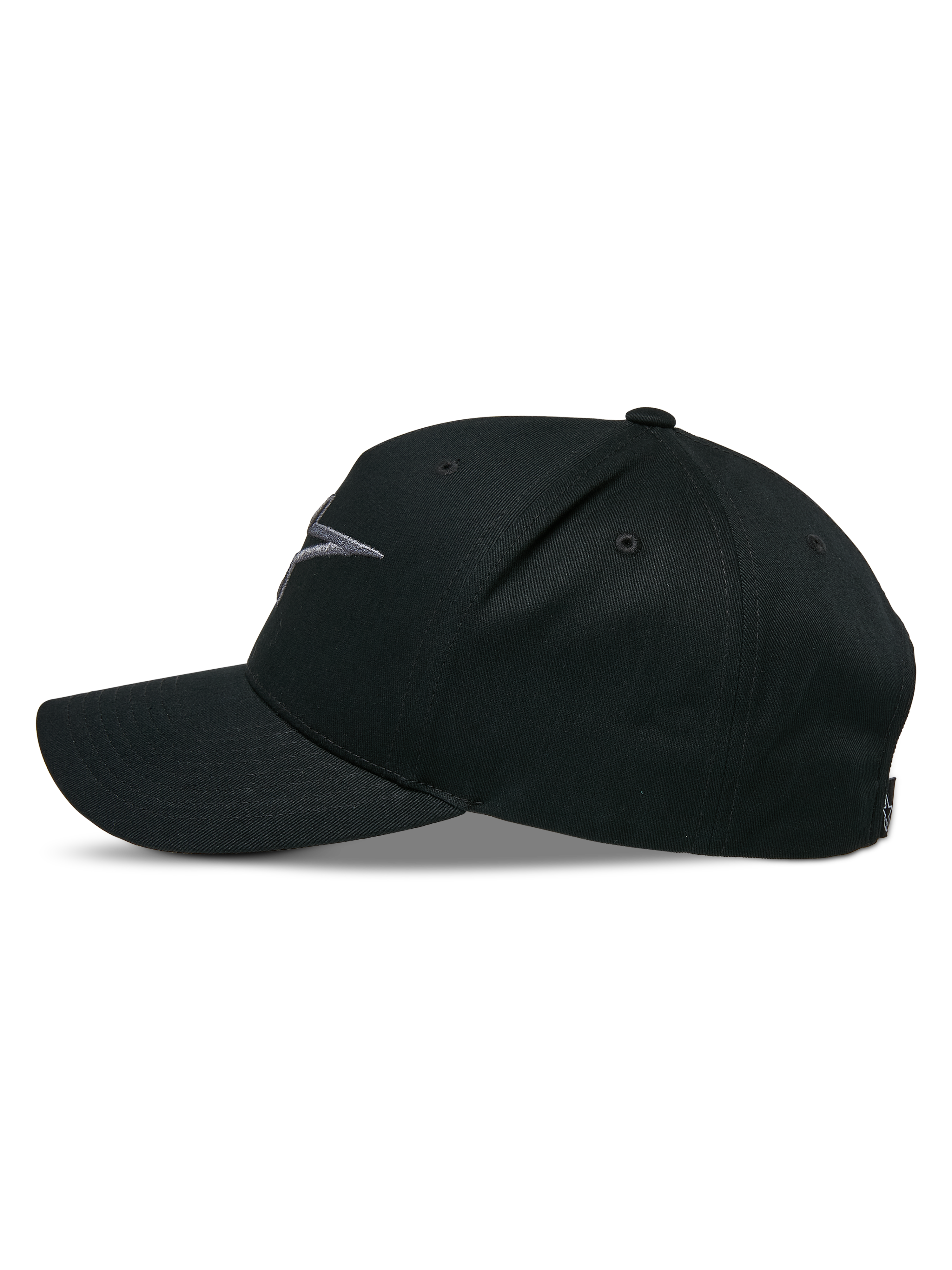 Alpinestars Ageless Snapback Hat, side profile, Black Charcoal, curved bill with structured crown, 3D embroidered logo on front, cotton twill main fabric, casual motorsport headwear