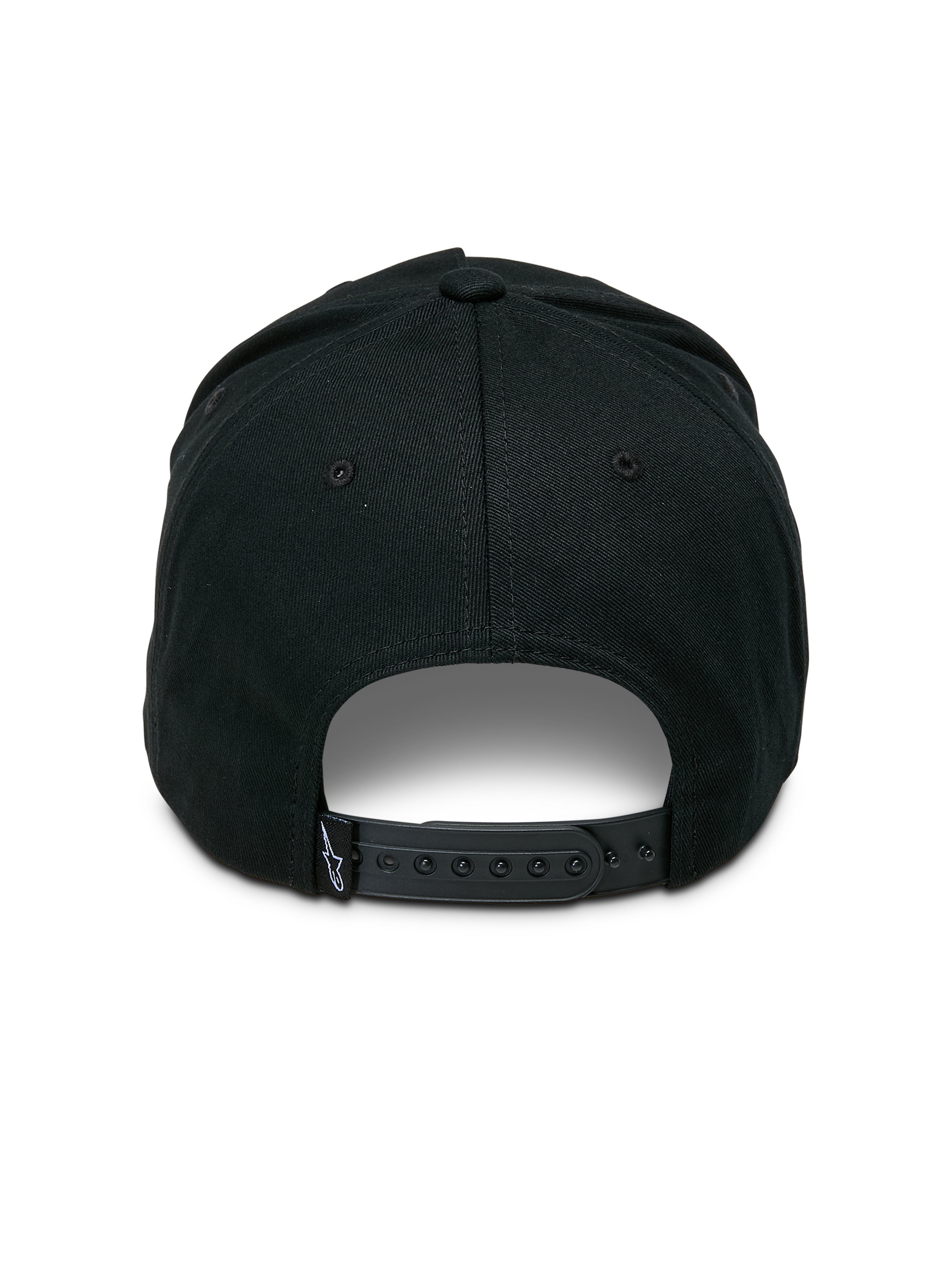 Alpinestars Ageless Snapback Hat, Black, rear view featuring adjustable snapback closure, small woven label with star logo, structured crown in cotton twill, casual motorsport-inspired headwear