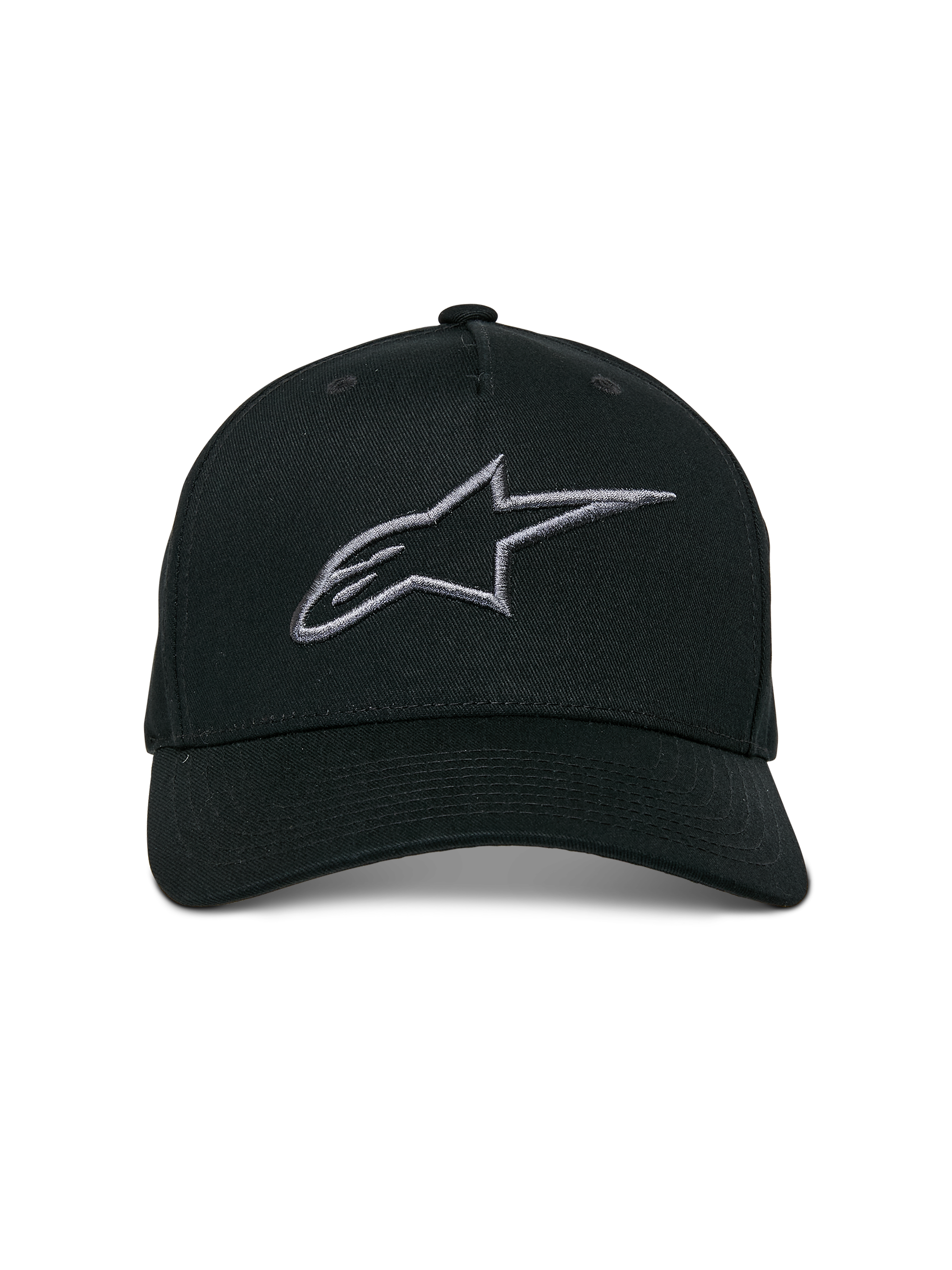 Alpinestars Ageless Snapback Hat, Black Charcoal, curved bill, structured crown, 3D embroidered linear logo, casual motorsport-inspired headwear