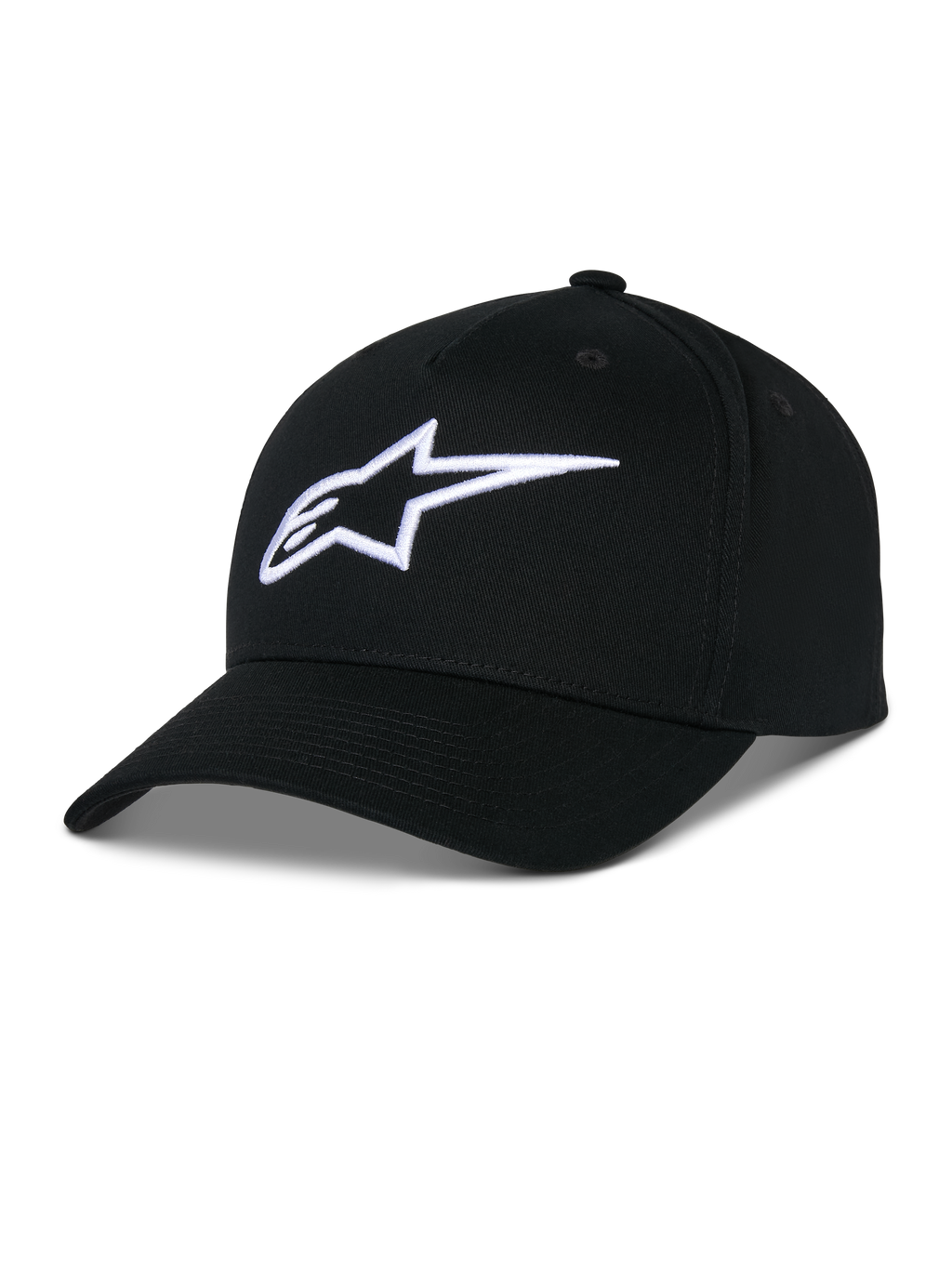 Casquette Snapback Alpinestars Ageless, casquette en sergé de coton noir, couronne structurée avec visière courbée, logo étoile blanc brodé en 3D, style sportswear décontracté inspiré du sport automobile