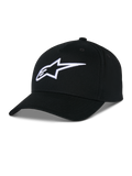 Casquette Snapback Alpinestars Ageless, casquette en sergé de coton noir, couronne structurée avec visière courbée, logo étoile blanc brodé en 3D, style sportswear décontracté inspiré du sport automobile
