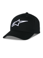 Casquette Snapback Alpinestars Ageless, casquette en sergé de coton noir, couronne structurée avec visière courbée, logo étoile blanc brodé en 3D, style sportswear décontracté inspiré du sport automobile