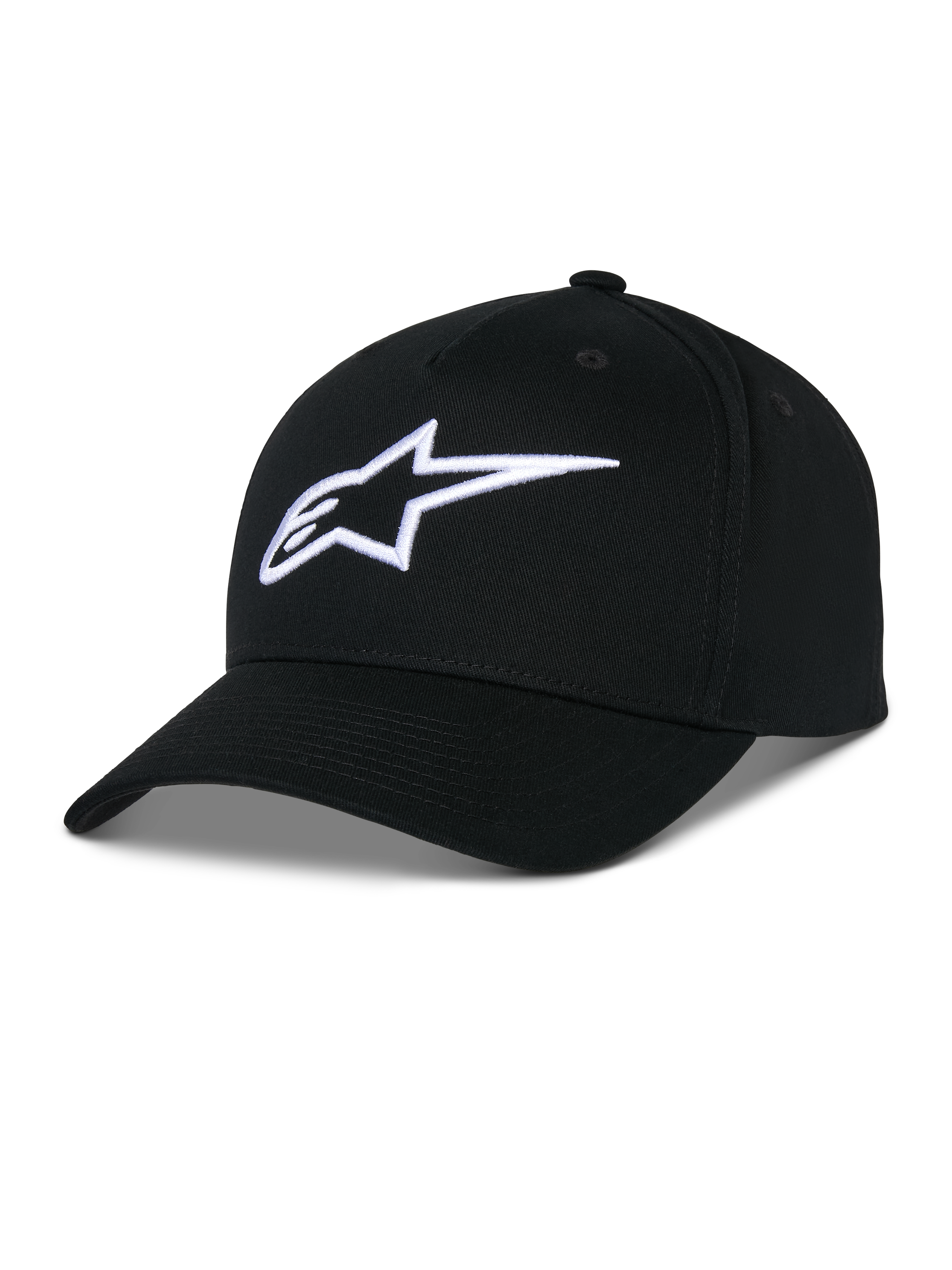 Alpinestars Ageless Snapback Hat, black cotton twill cap, structured crown with curved bill, white 3D embroidered star logo, casual motorsport-inspired sportswear