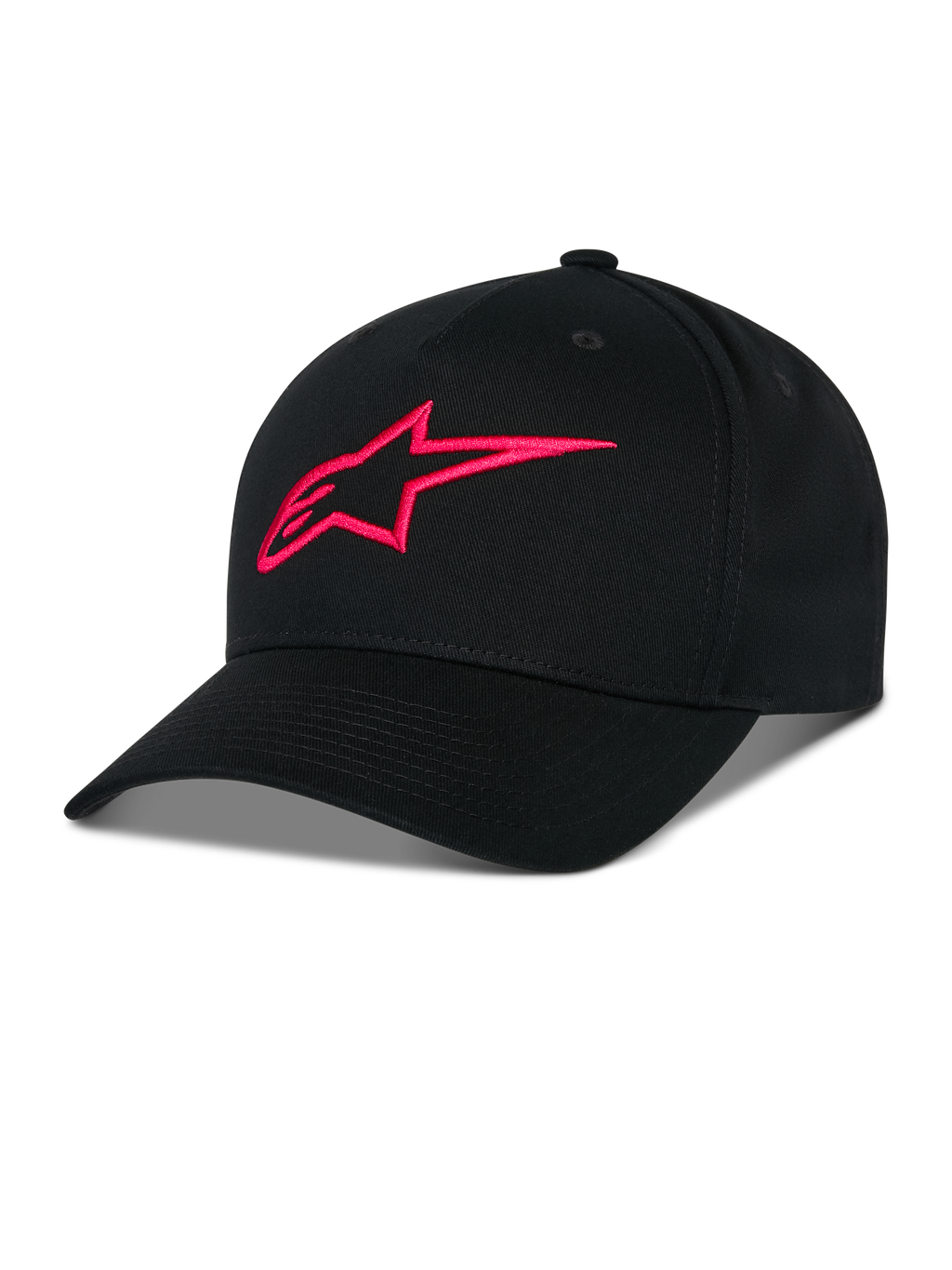Casquette Snapback Alpinestars Ageless, noire avec logo A-star rouge brodé en 3D, couronne structurée et visière courbée, tissu en sergé de coton, accessoire sportswear décontracté
