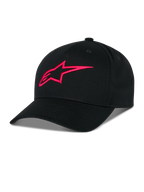 Casquette Snapback Alpinestars Ageless, noire avec logo A-star rouge brodé en 3D, couronne structurée et visière courbée, tissu en sergé de coton, accessoire sportswear décontracté