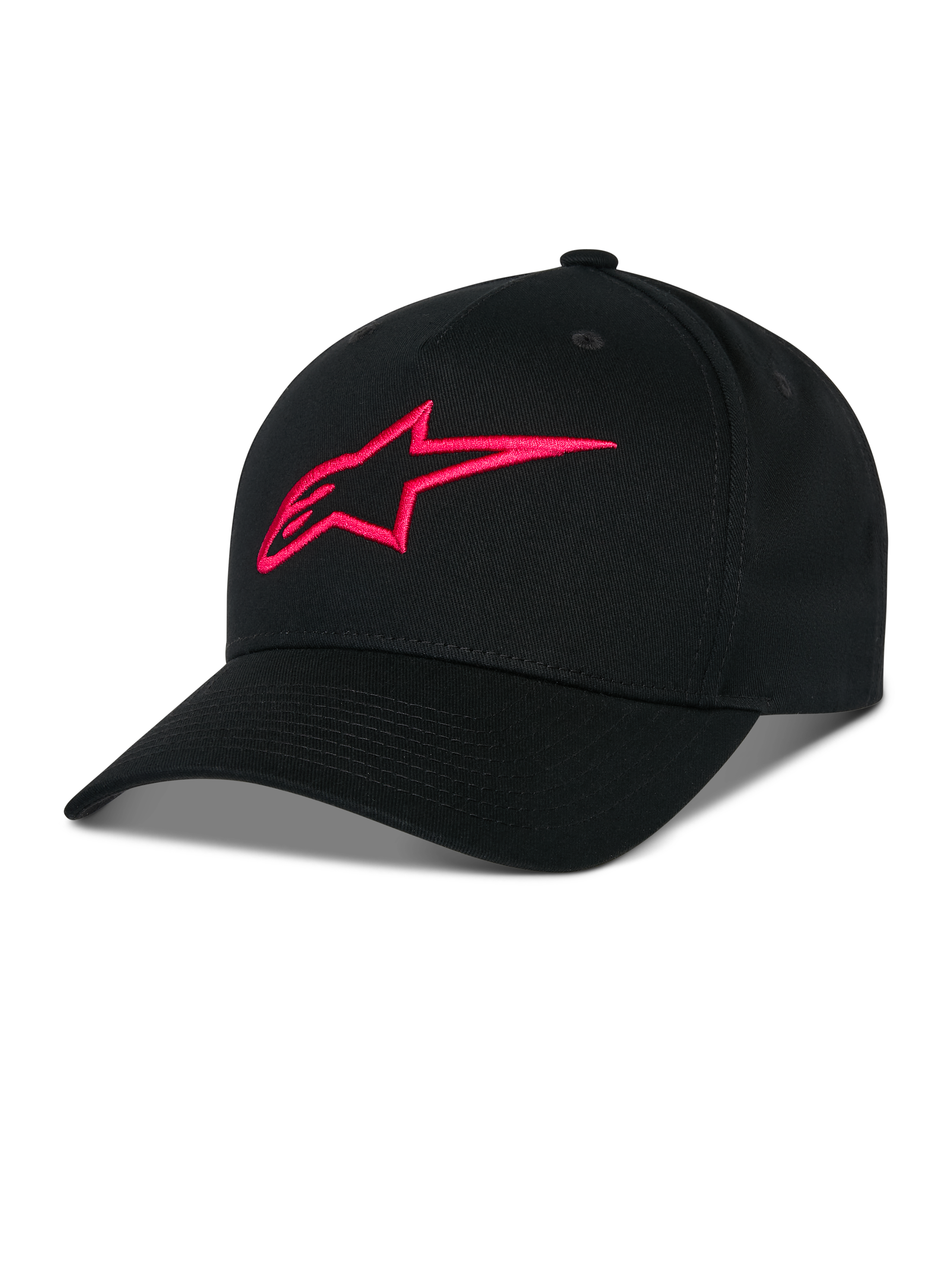 Casquette Snapback Alpinestars Ageless, noire avec logo A-star rouge brodé en 3D, couronne structurée et visière courbée, tissu en sergé de coton, accessoire sportswear décontracté