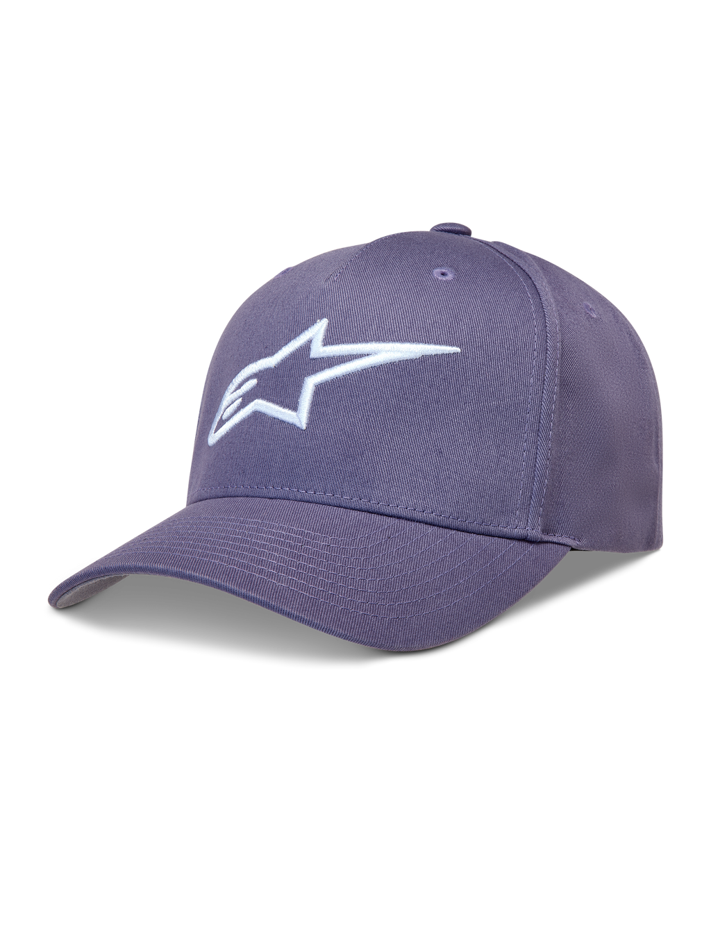 Alpinestars Ageless Snapback, casquette violette et blanche, visière incurvée en sergé avec logo Astars brodé en 3D.