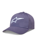 Alpinestars Ageless Snapback, casquette violette et blanche, visière incurvée en sergé avec logo Astars brodé en 3D.