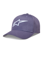 Alpinestars Ageless Snapback, casquette violette et blanche, visière incurvée en sergé avec logo Astars brodé en 3D.
