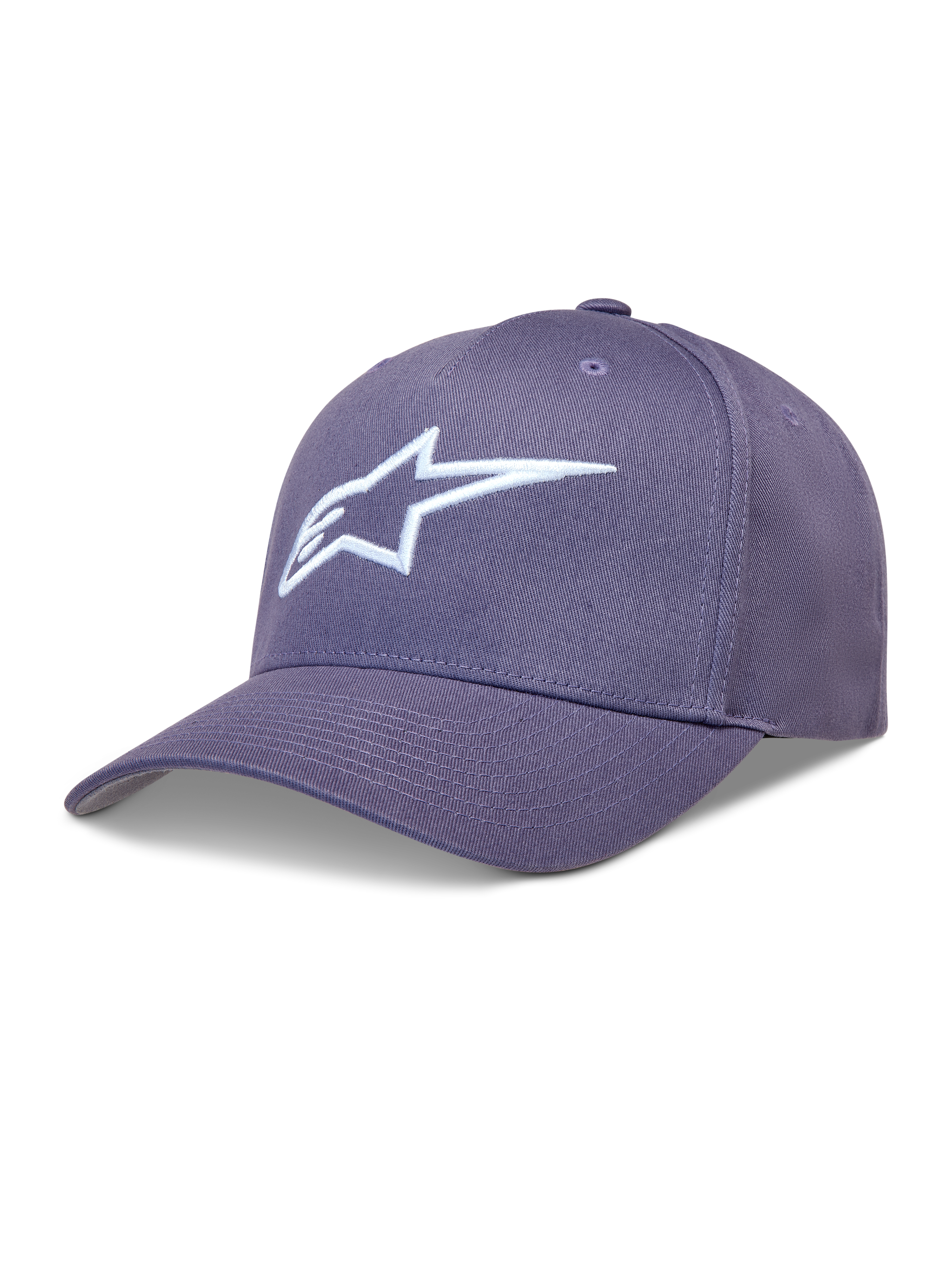 Alpinestars Ageless Snapback, casquette violette et blanche, visière incurvée en sergé avec logo Astars brodé en 3D.