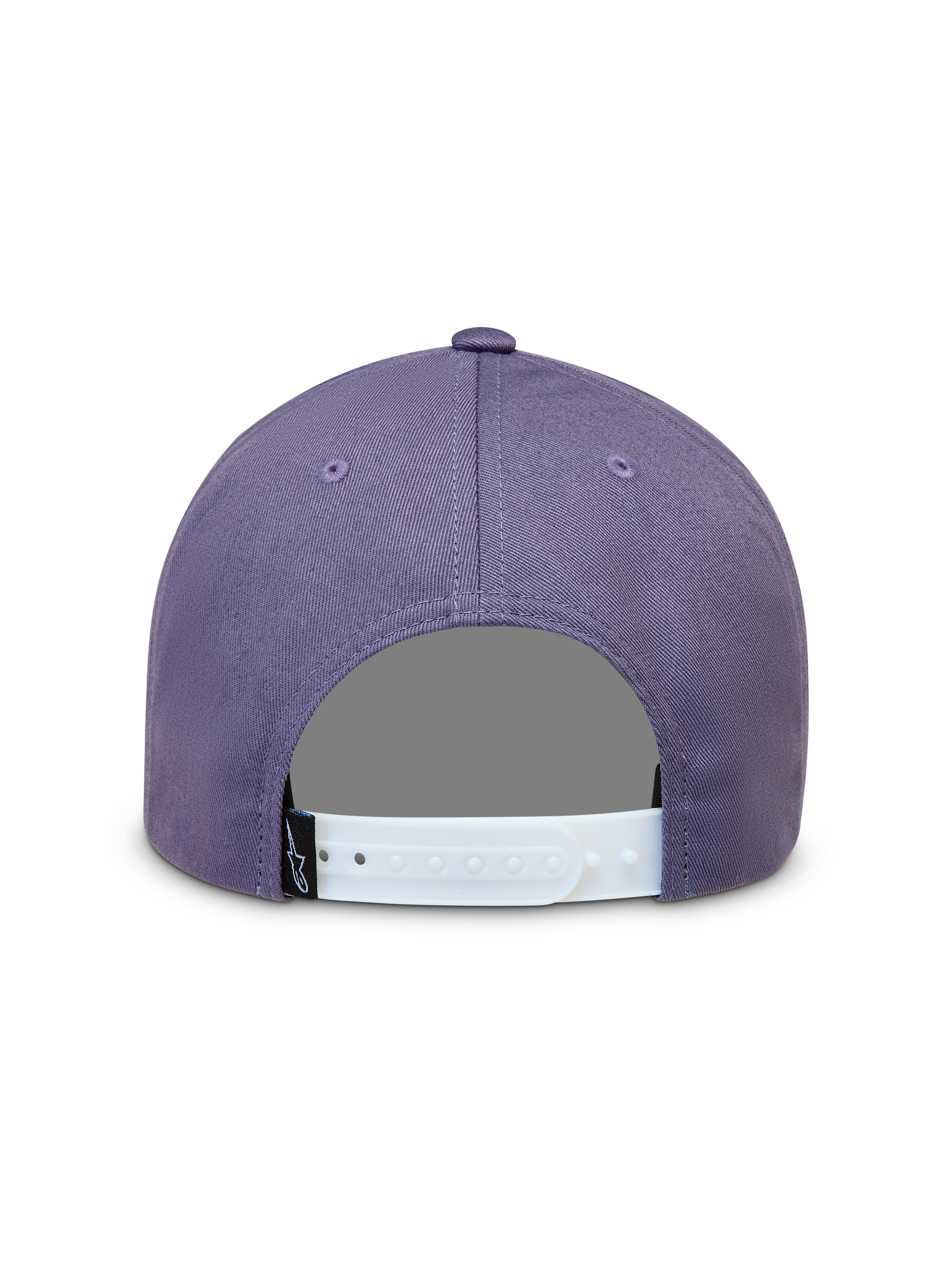 Casquette Alpinestars Ageless Snapback, violette, vue arrière avec fermeture à pression blanche réglable et étiquette logo Astars noire.