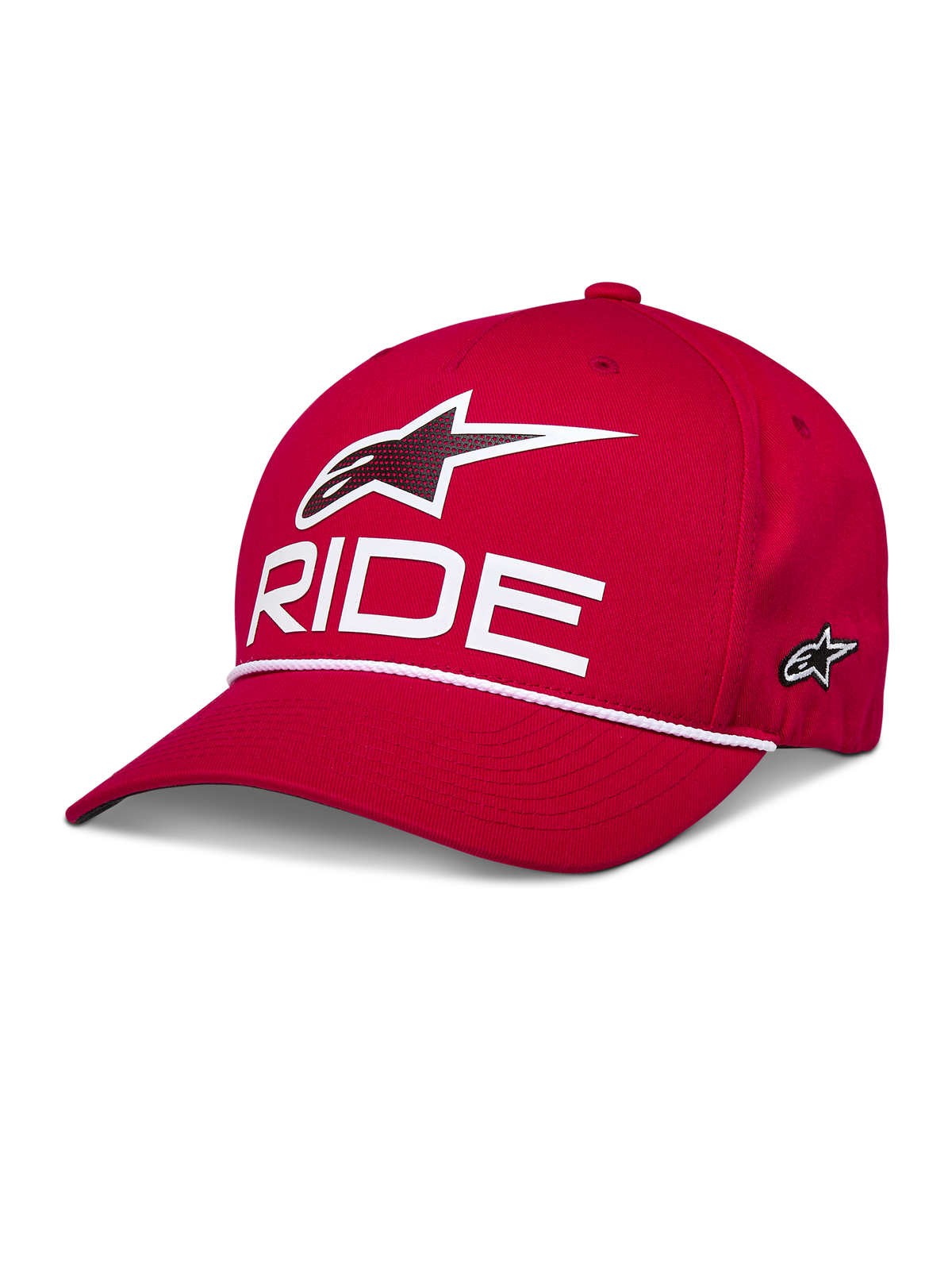 Casquette Snapback Alpinestars Ride Comp, rouge, avec logo Astars 3D blanc et texte RIDE, visière incurvée avec garniture en corde tressée blanche, couronne structurée, vêtement de sport décontracté