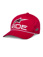 Casquette Snapback Alpinestars Ride Comp, rouge, avec logo Astars 3D blanc et texte RIDE, visière incurvée avec garniture en corde tressée blanche, couronne structurée, vêtement de sport décontracté