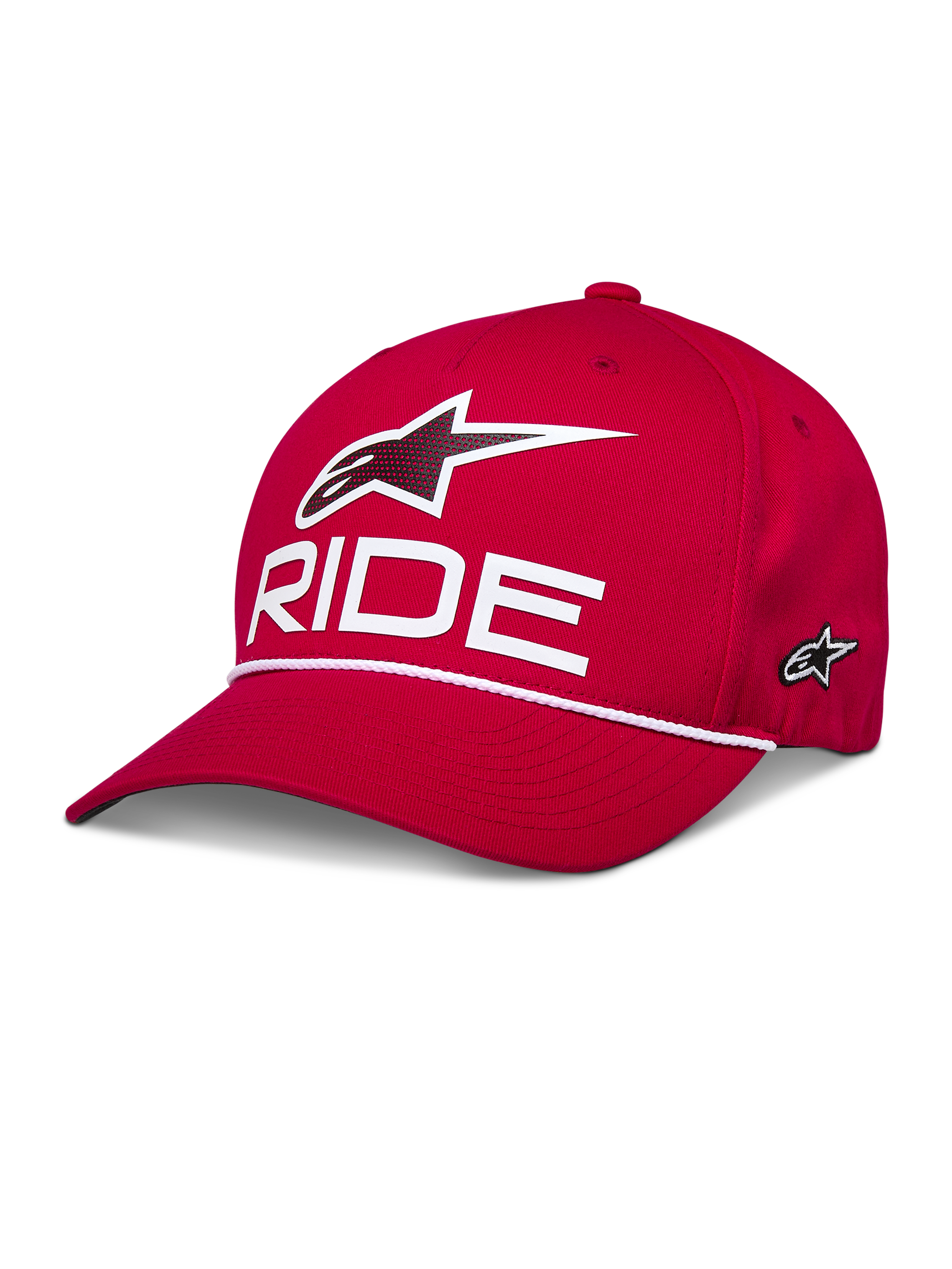 Casquette Snapback Alpinestars Ride Comp, rouge, avec logo Astars 3D blanc et texte RIDE, visière incurvée avec garniture en corde tressée blanche, couronne structurée, vêtement de sport décontracté
